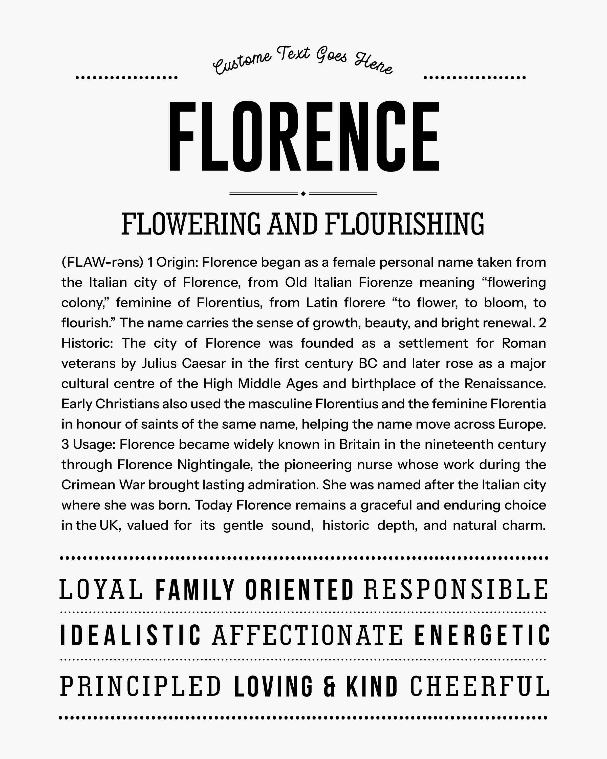 Florence | Personalised Name Meaning Print – Custom Name Art Gift
