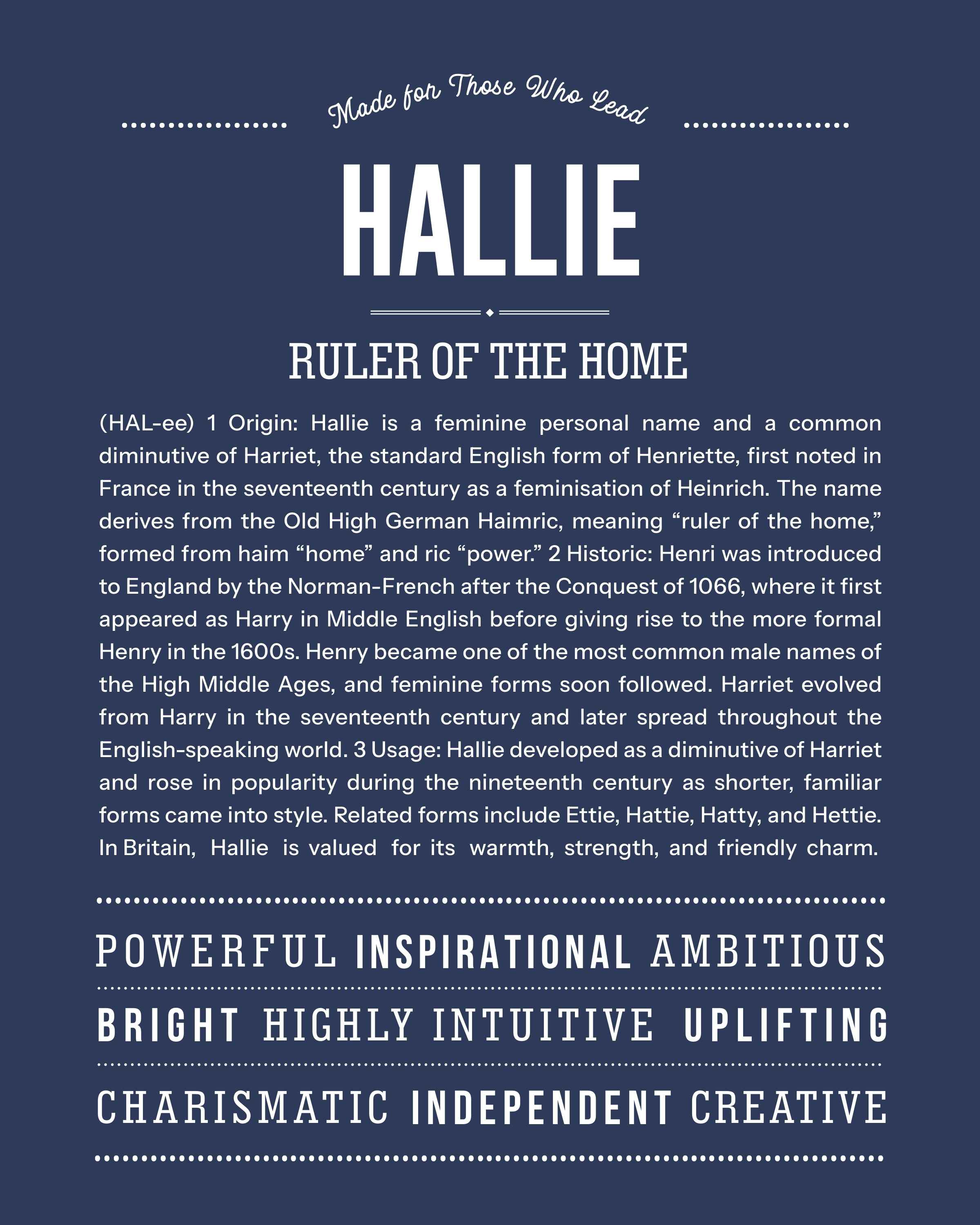 Hallie | Personalised Name Meaning Print – Custom Name Art Gift