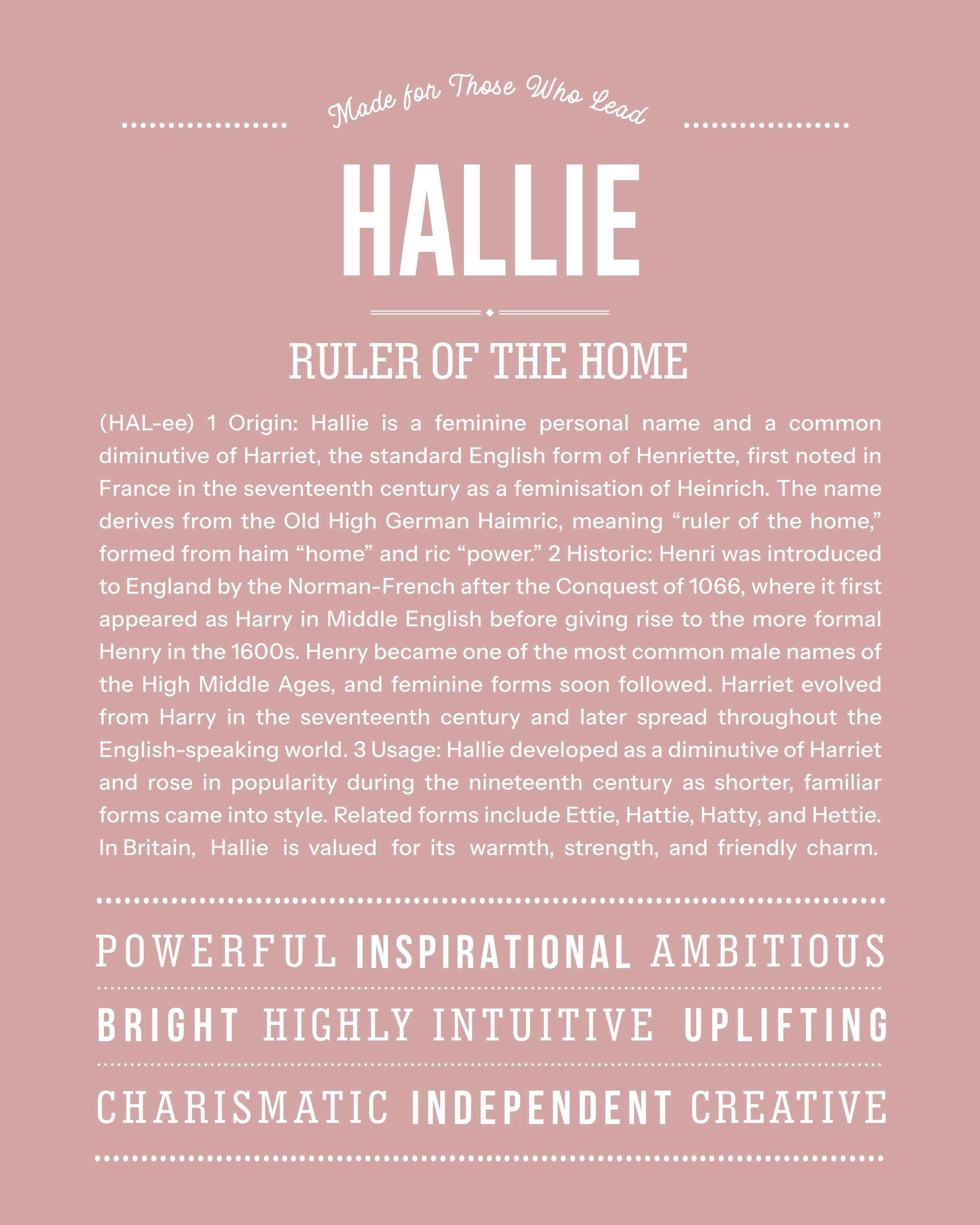 Hallie | Personalised Name Meaning Print – Custom Name Art Gift