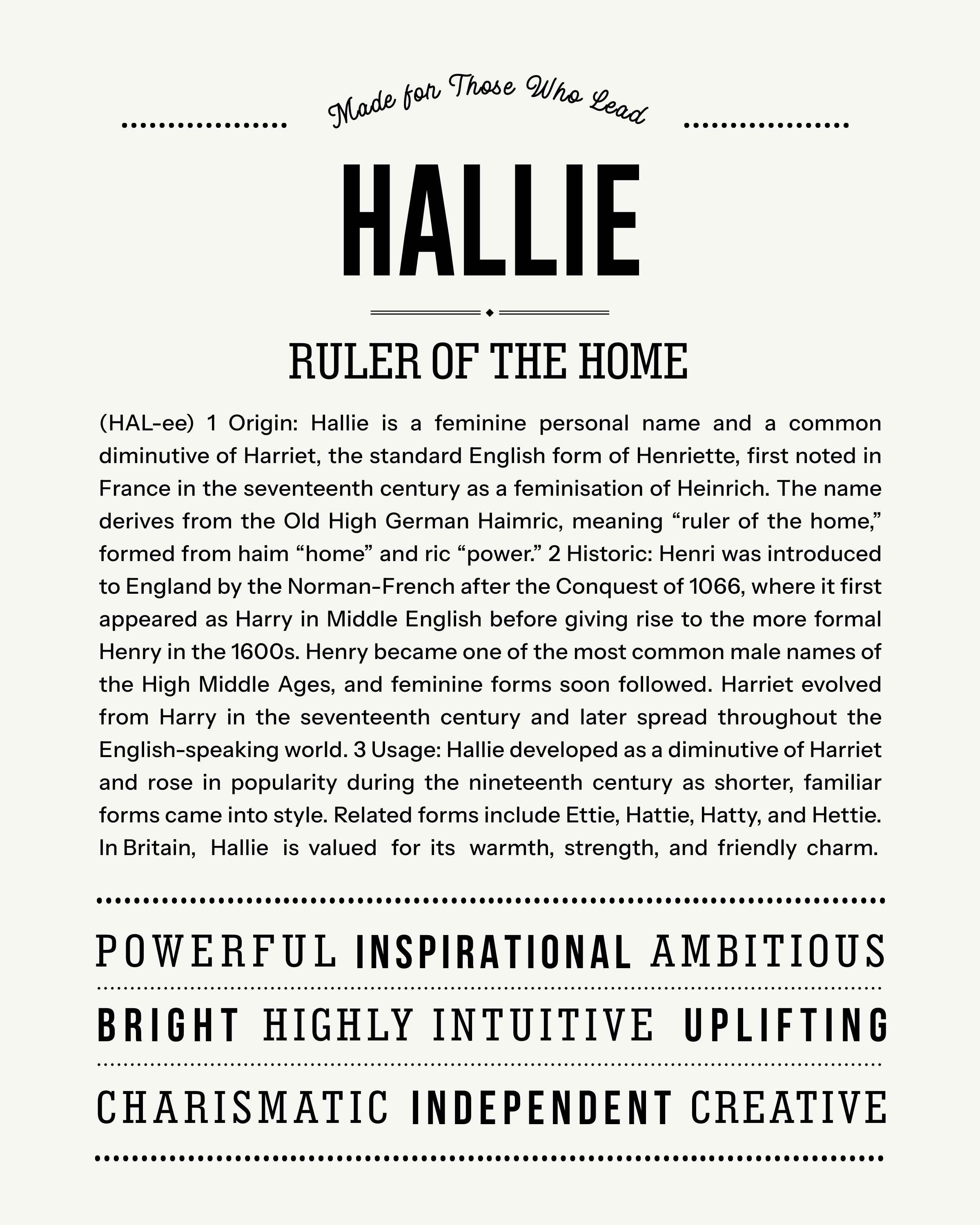 Hallie | Personalised Name Meaning Print – Custom Name Art Gift