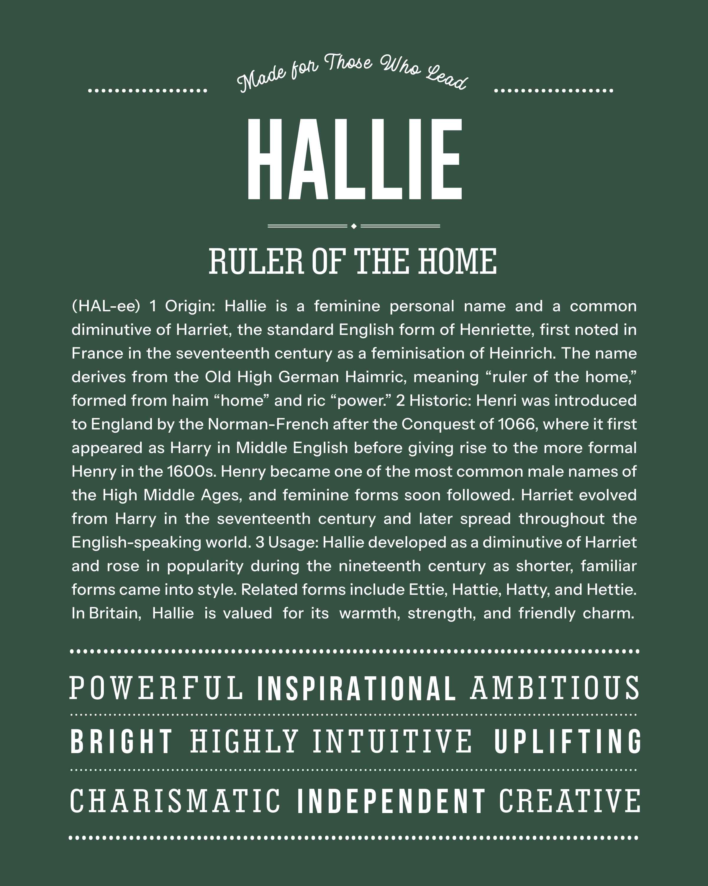 Hallie | Personalised Name Meaning Print – Custom Name Art Gift