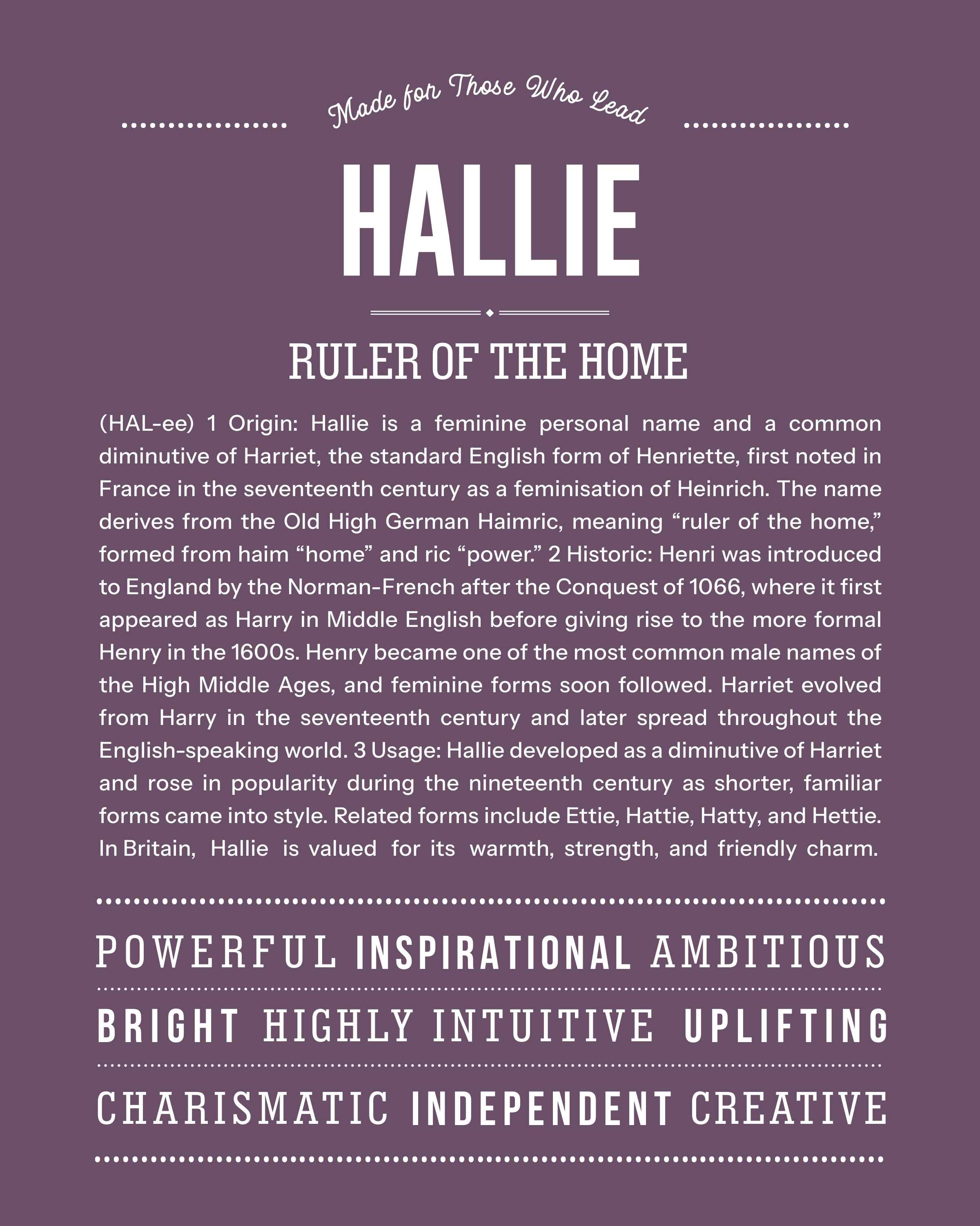 Hallie | Personalised Name Meaning Print – Custom Name Art Gift