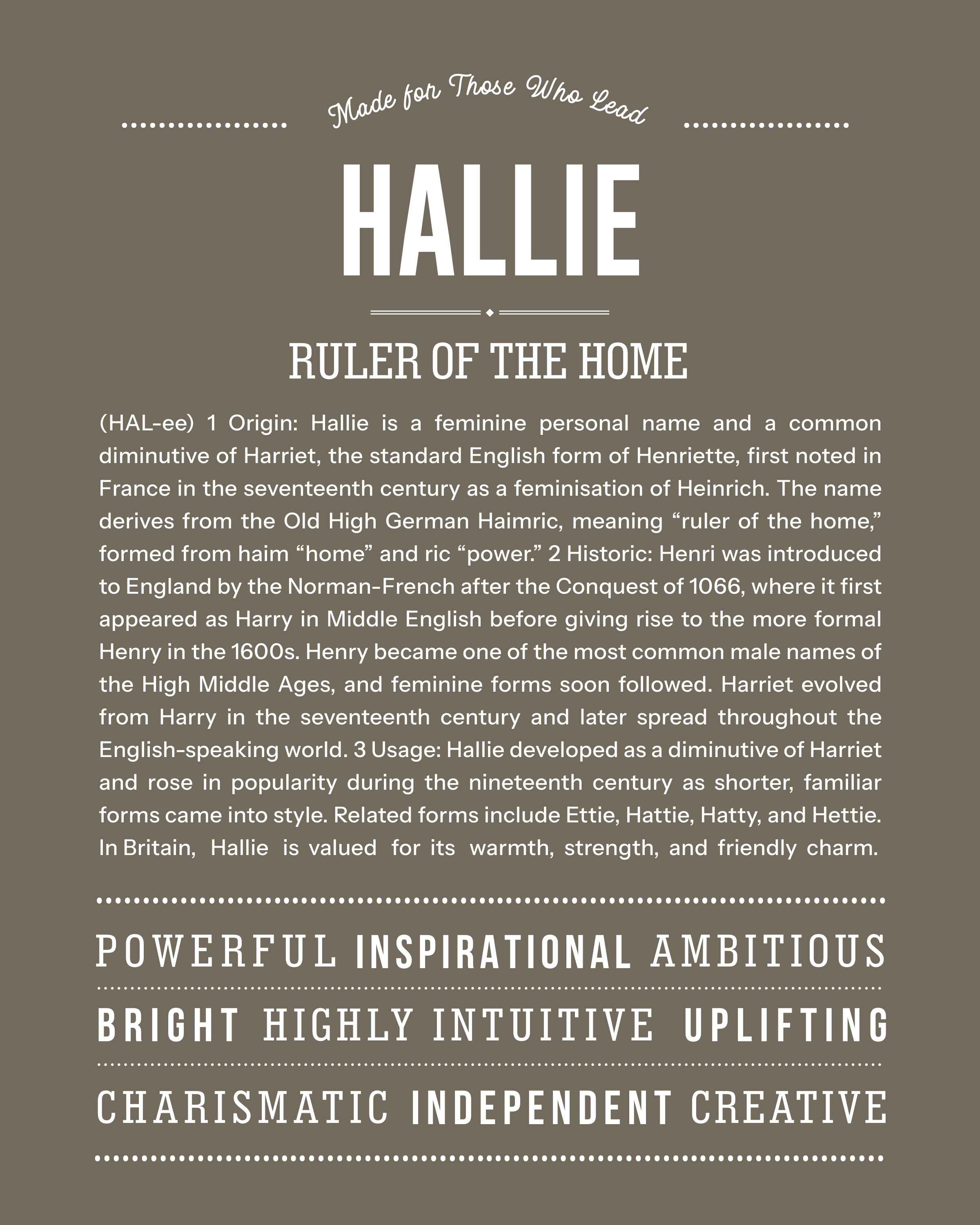 Hallie | Personalised Name Meaning Print – Custom Name Art Gift