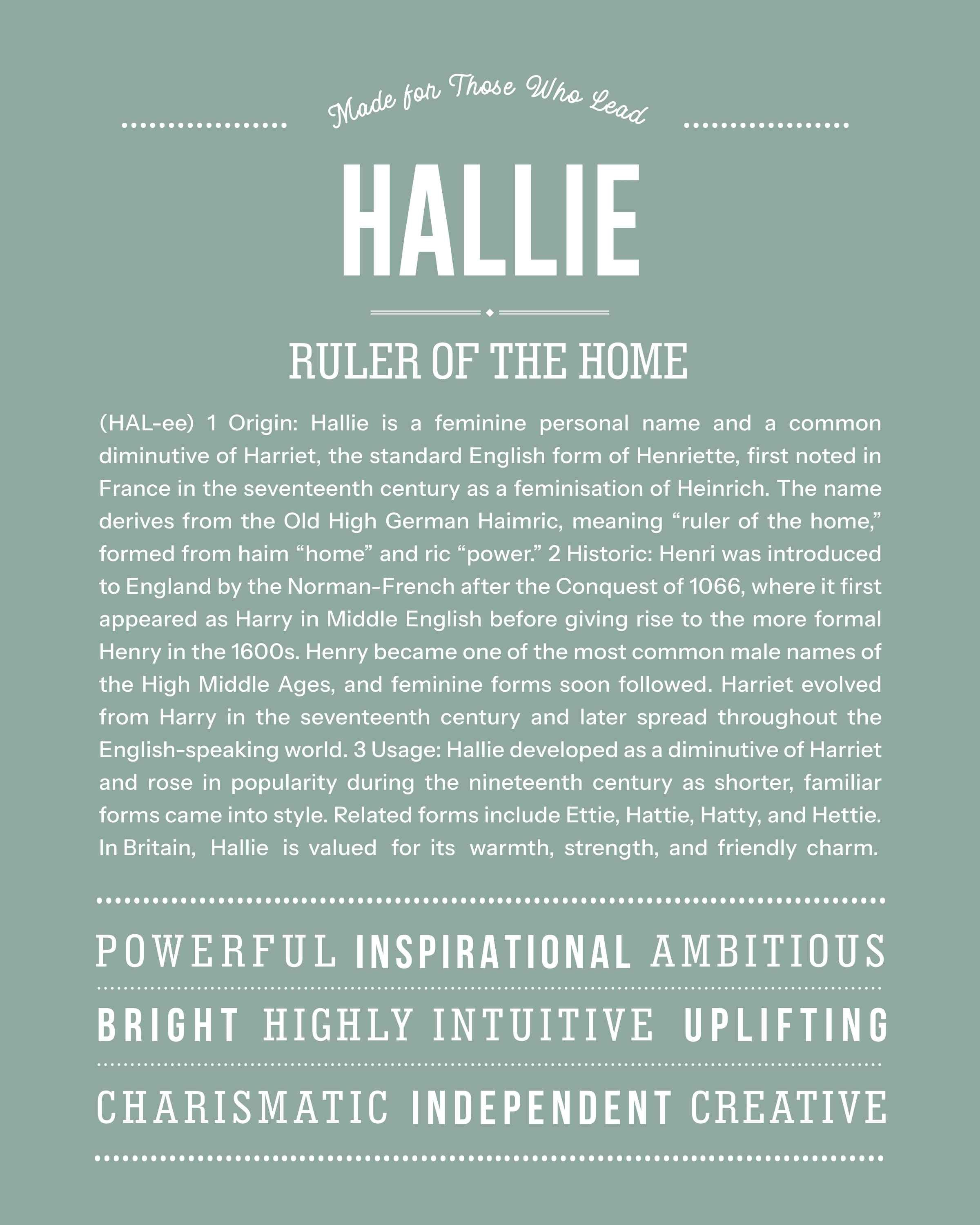 Hallie | Personalised Name Meaning Print – Custom Name Art Gift