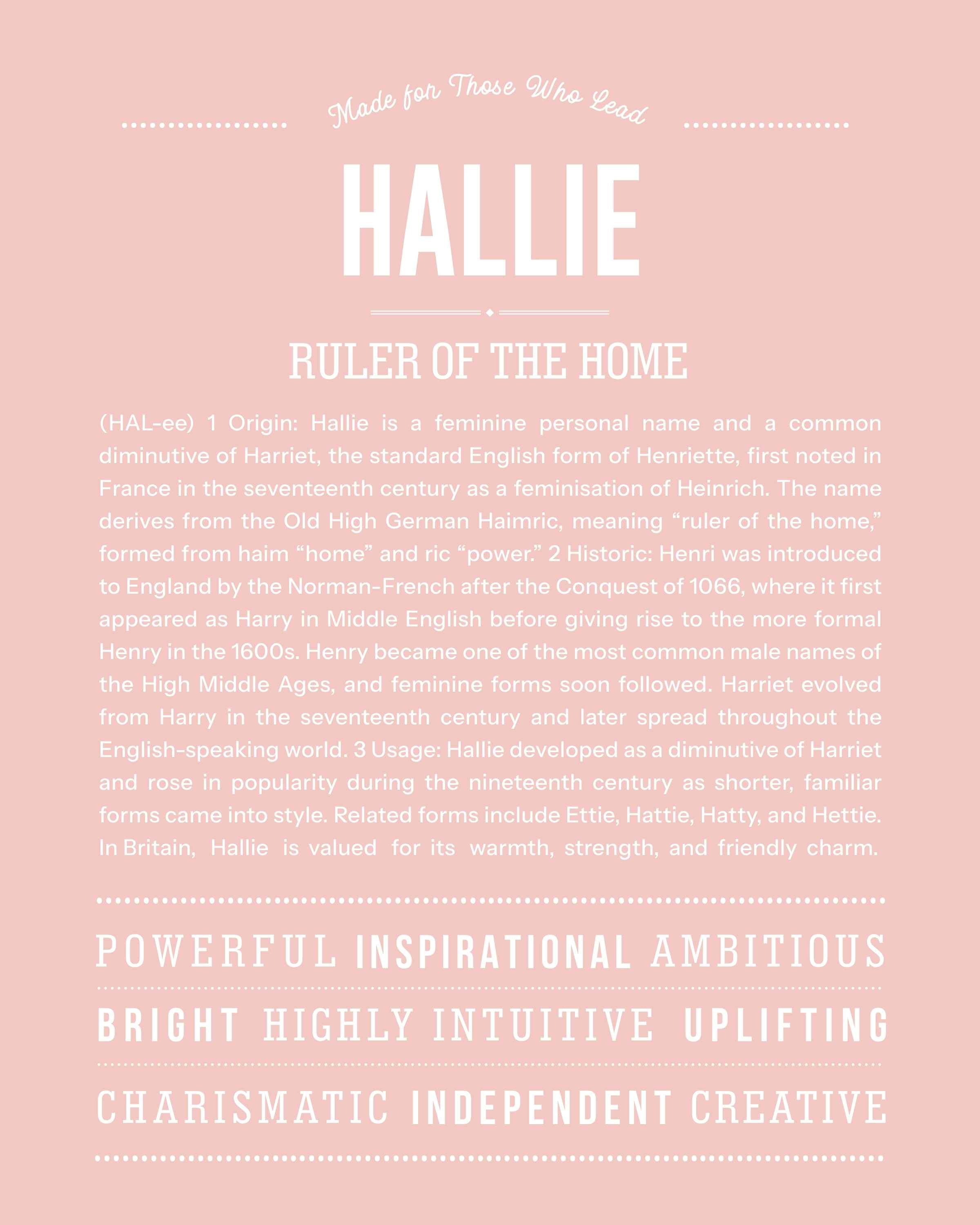 Hallie | Personalised Name Meaning Print – Custom Name Art Gift