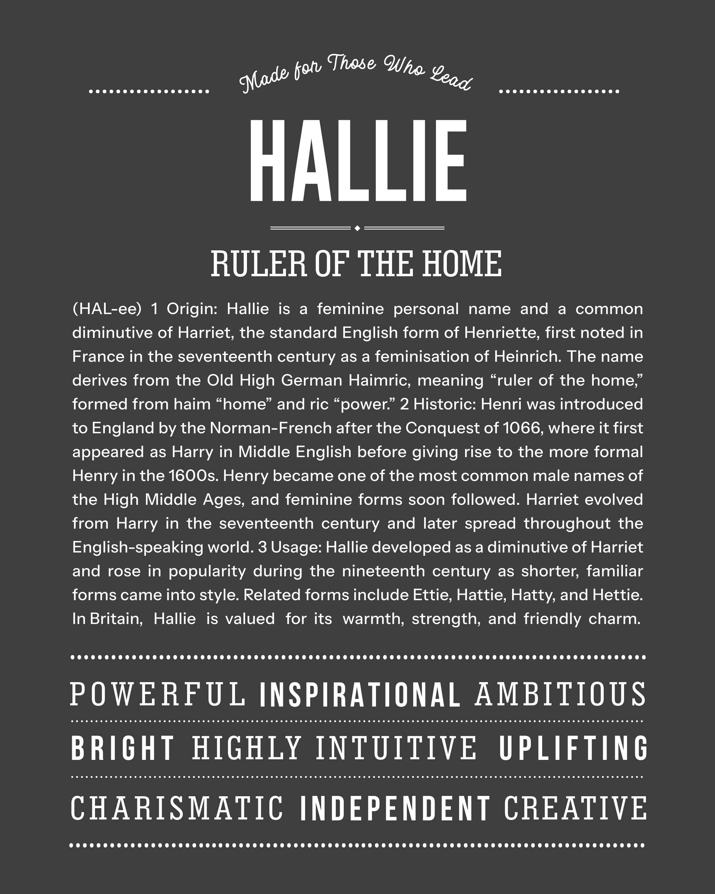 Hallie | Personalised Name Meaning Print – Custom Name Art Gift
