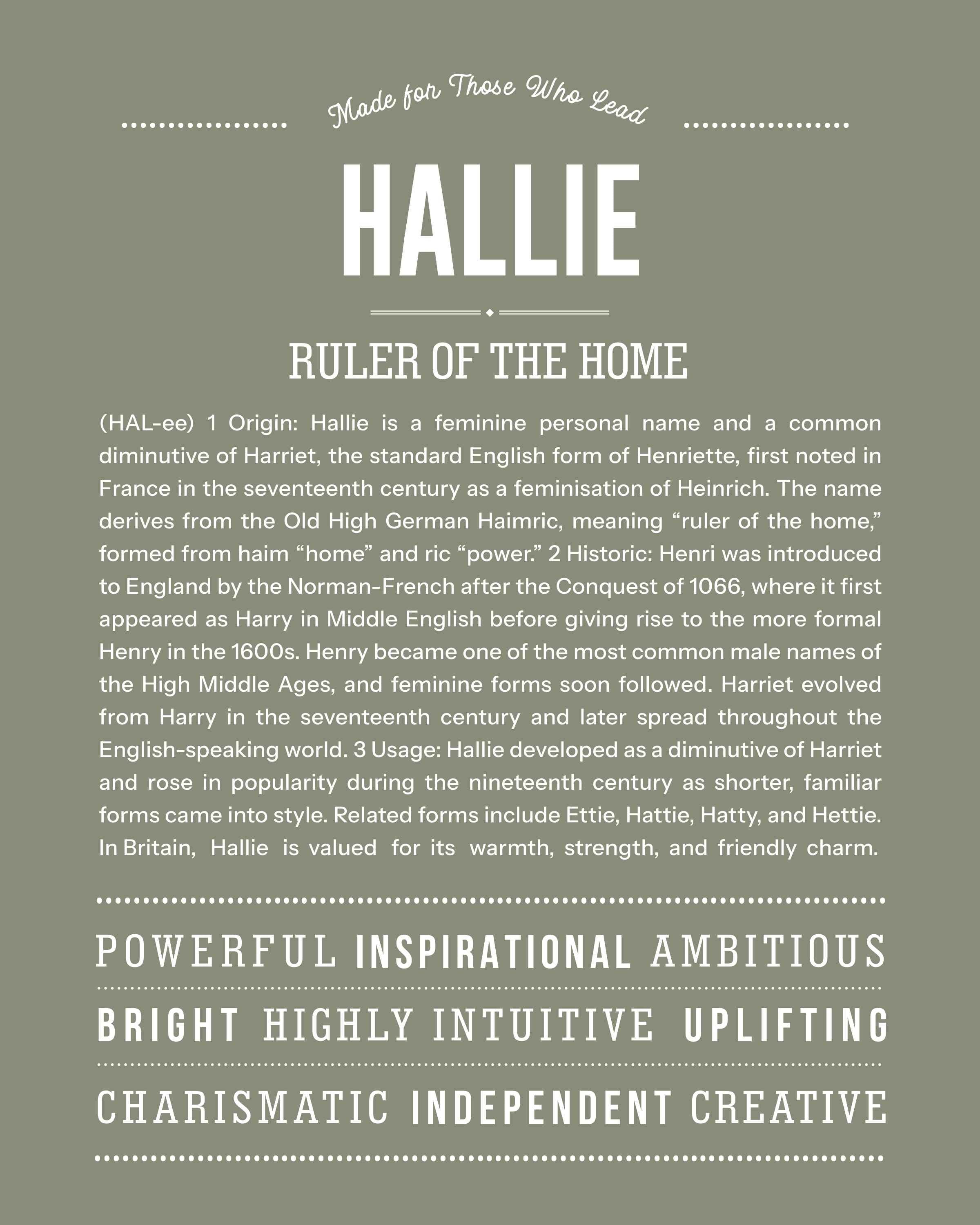 Hallie | Personalised Name Meaning Print – Custom Name Art Gift