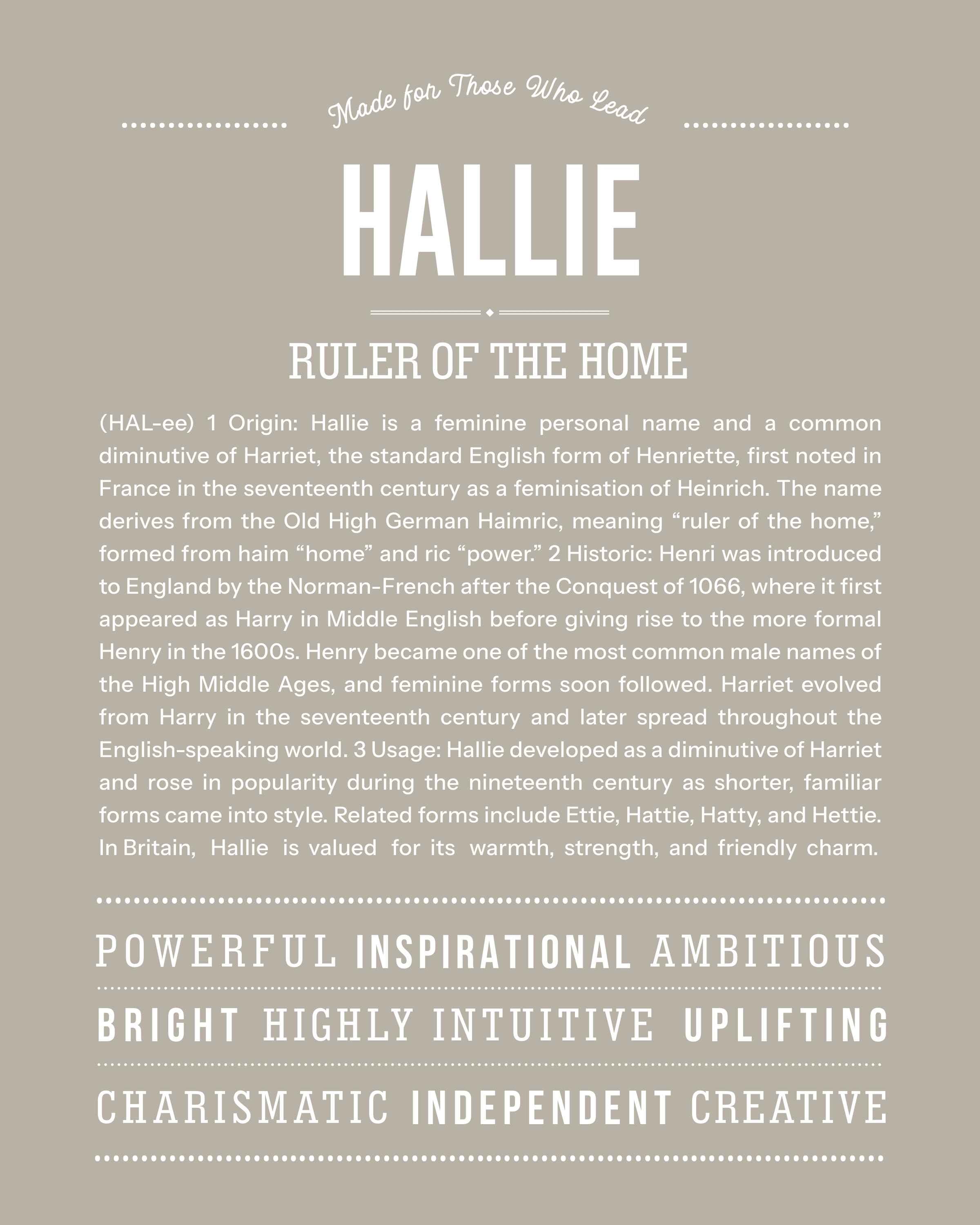 Hallie | Personalised Name Meaning Print – Custom Name Art Gift