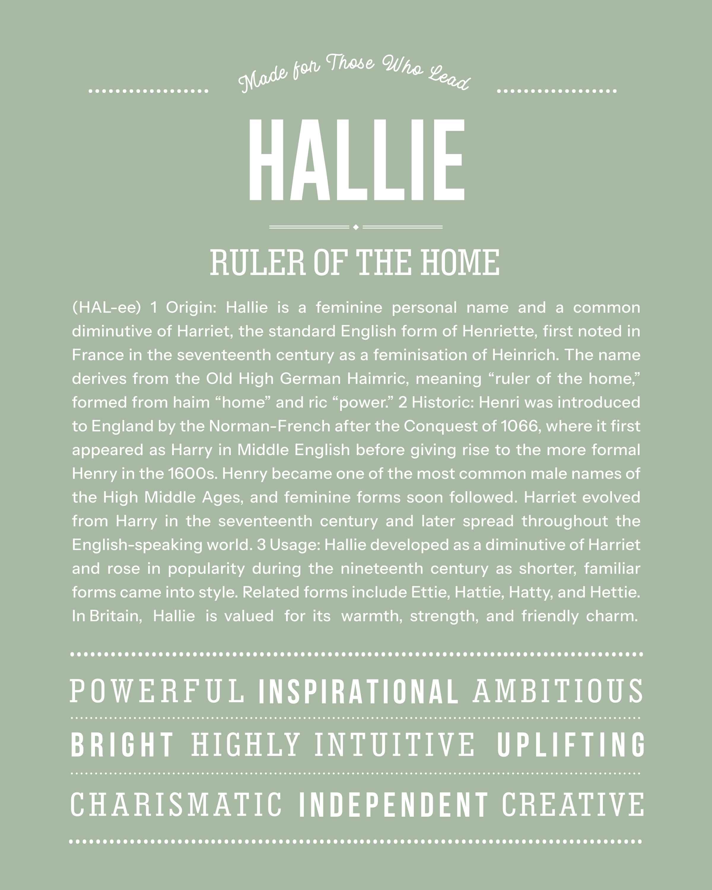 Hallie | Personalised Name Meaning Print – Custom Name Art Gift