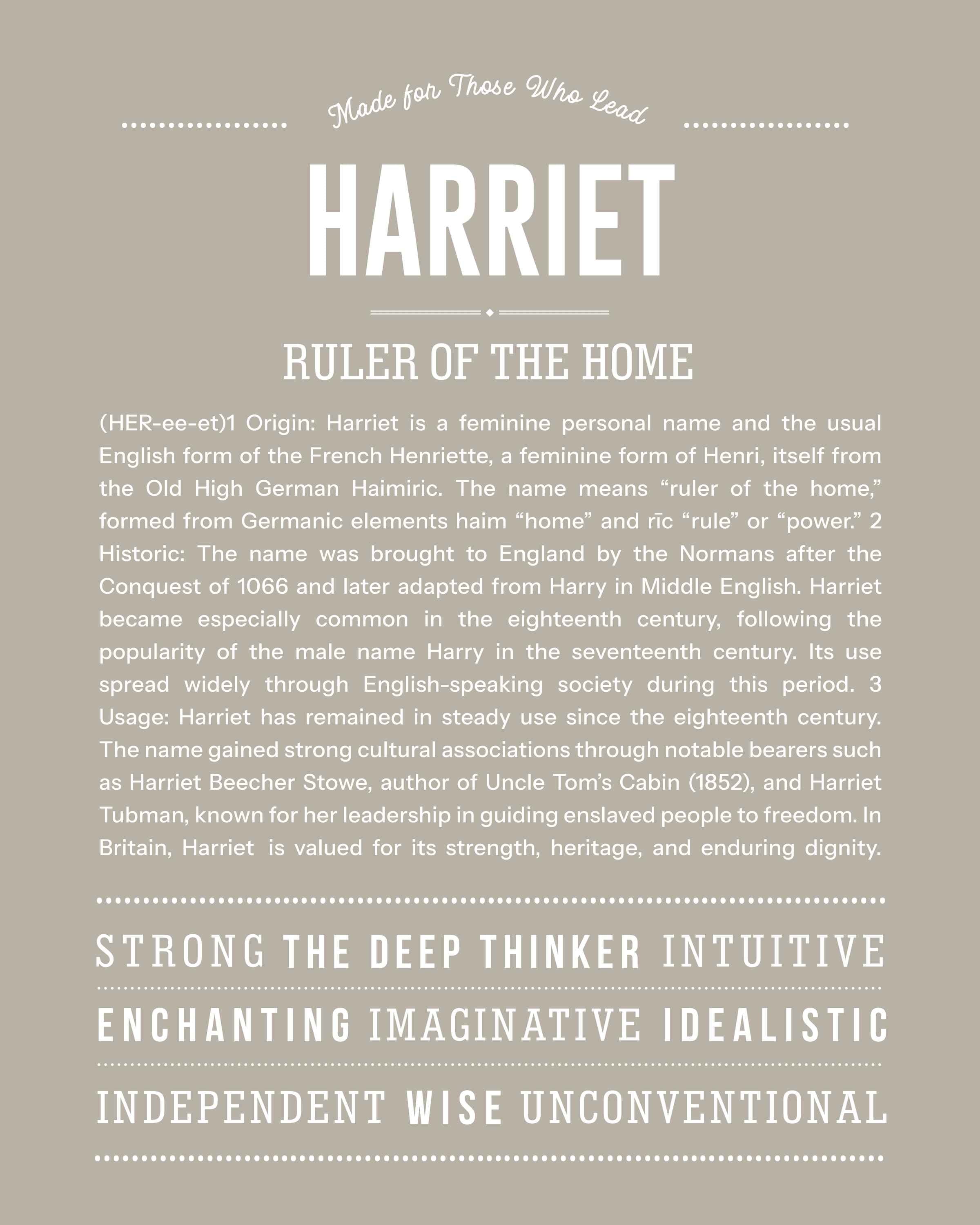 Harriet | Personalised Name Meaning Print – Custom Name Art Gift