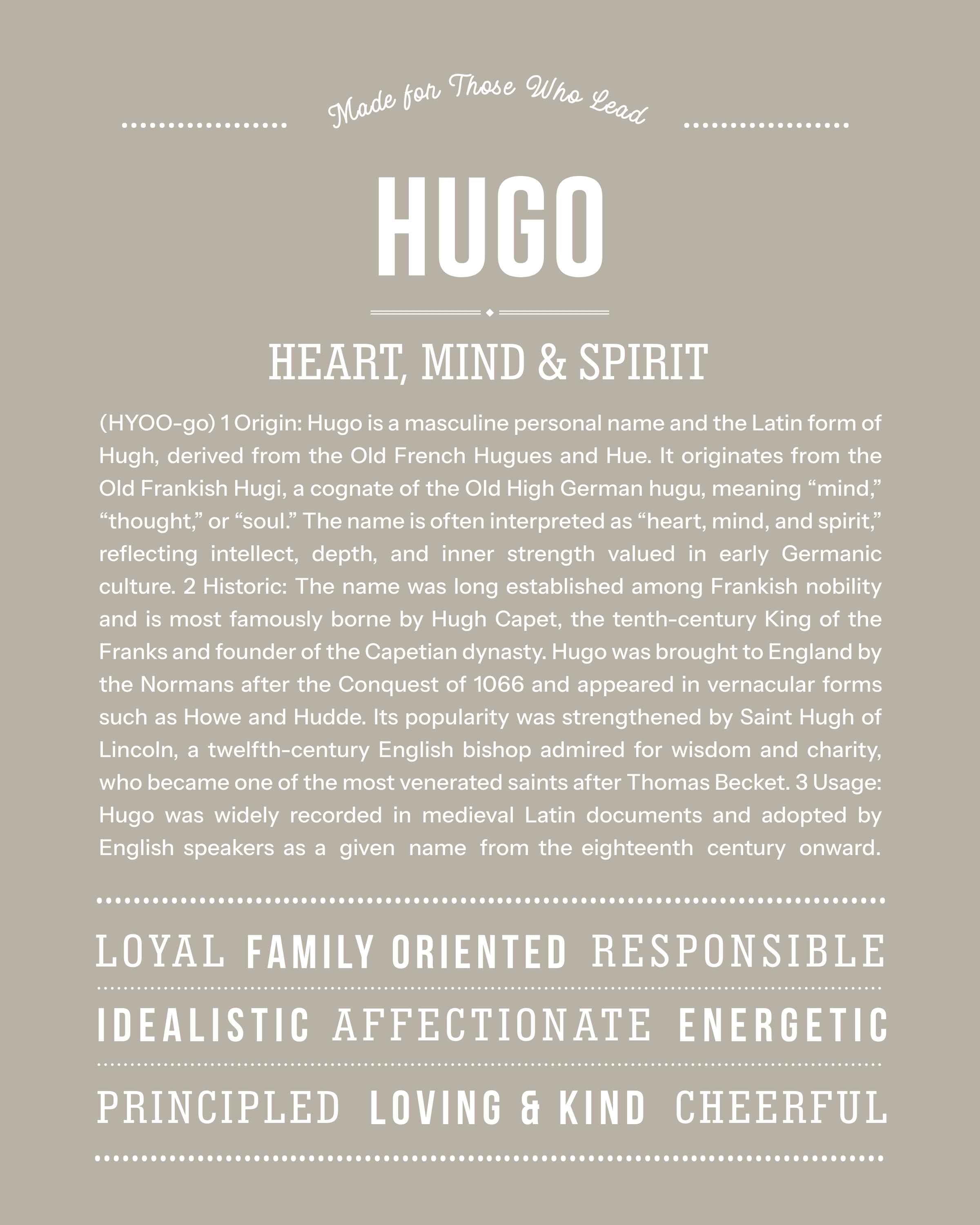 Hugo | Personalised Name Meaning Print – Custom Name Art Gift