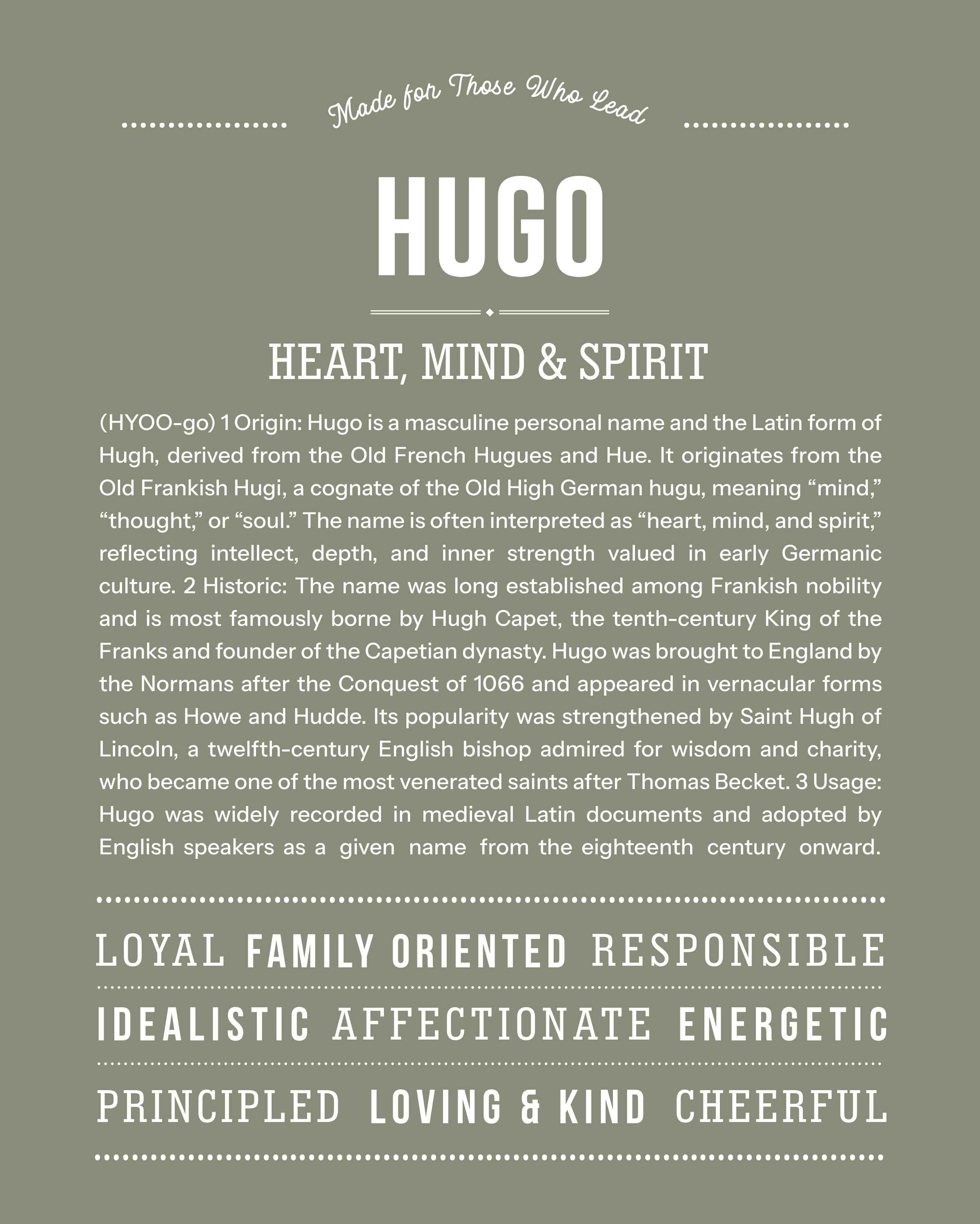 Hugo | Personalised Name Meaning Print – Custom Name Art Gift