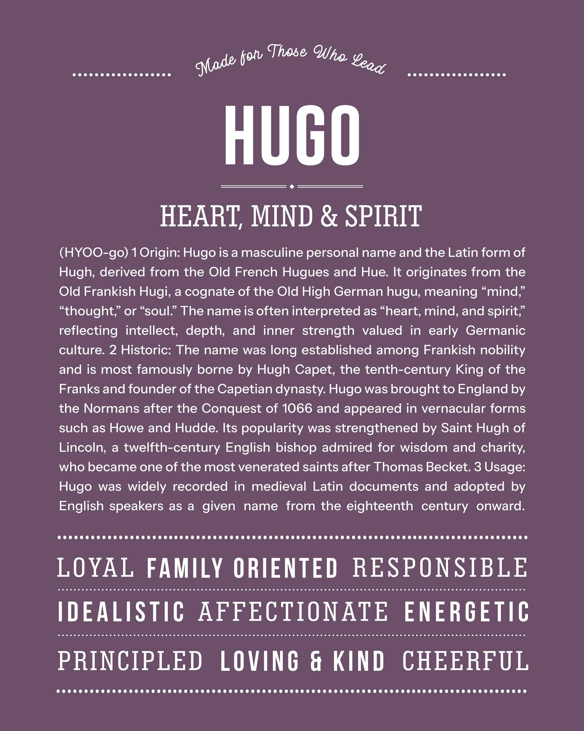 Hugo | Personalised Name Meaning Print – Custom Name Art Gift