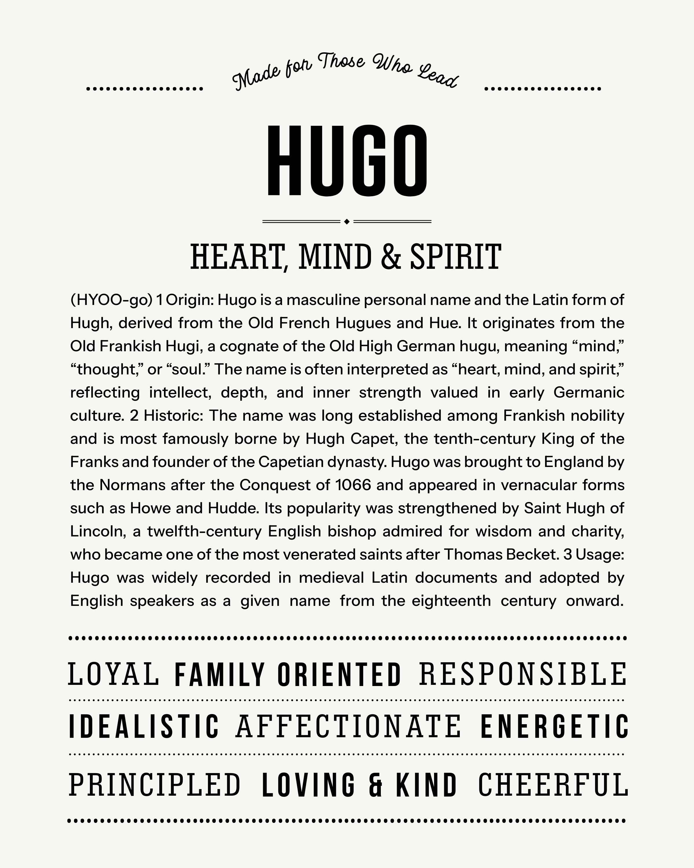 Hugo | Personalised Name Meaning Print – Custom Name Art Gift