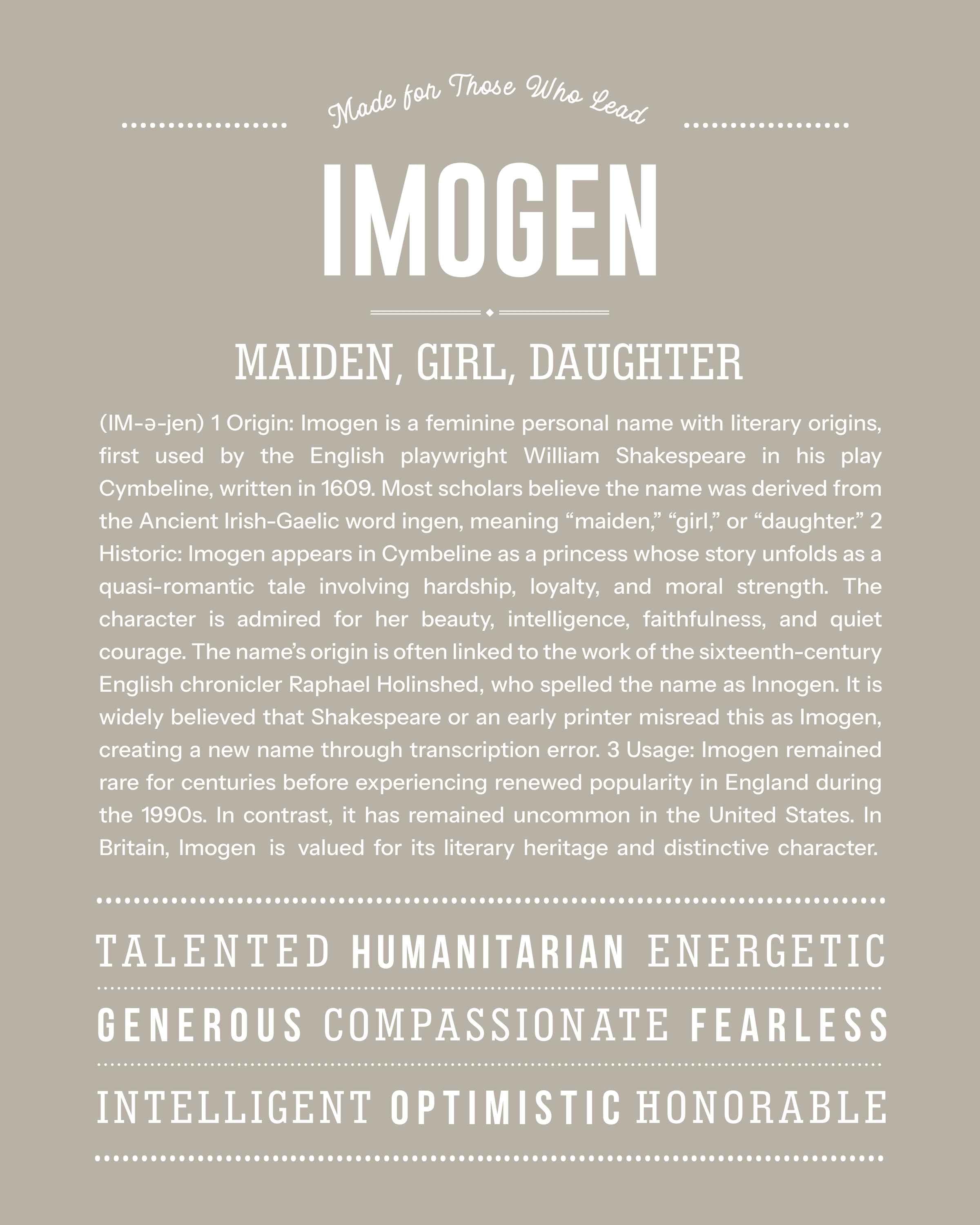 Imogen | Personalised Name Meaning Print – Custom Name Art Gift