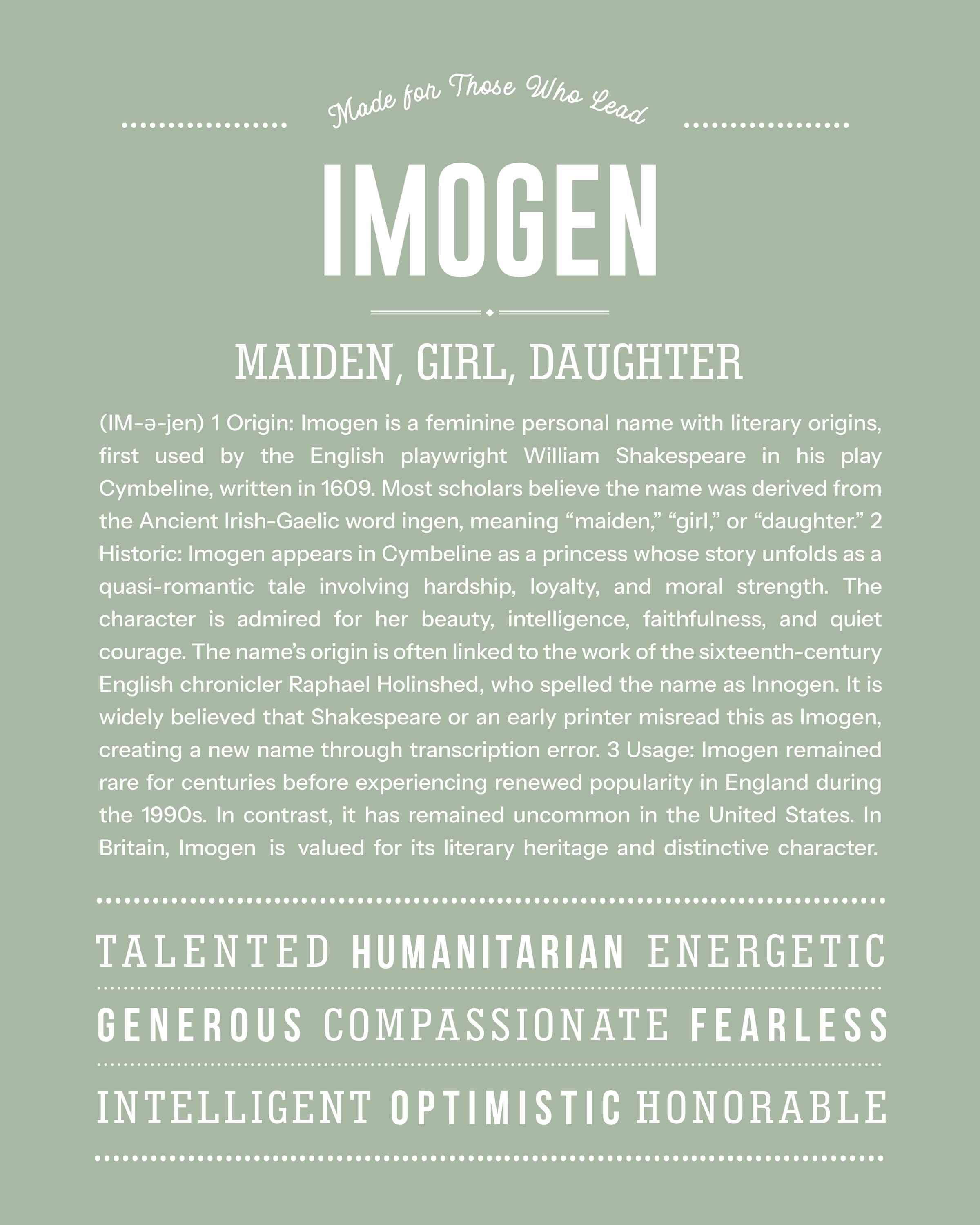 Imogen | Personalised Name Meaning Print – Custom Name Art Gift