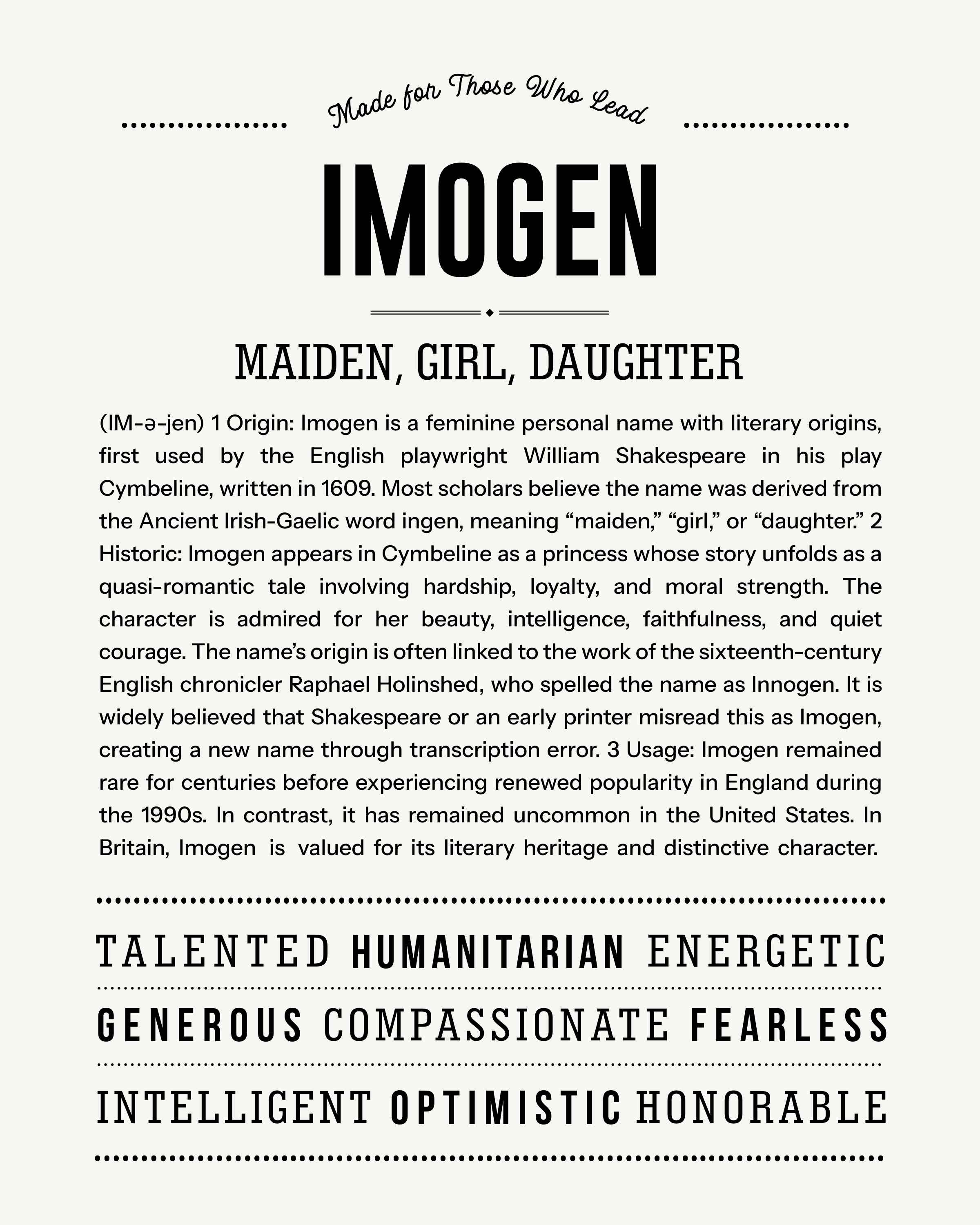 Imogen | Personalised Name Meaning Print – Custom Name Art Gift