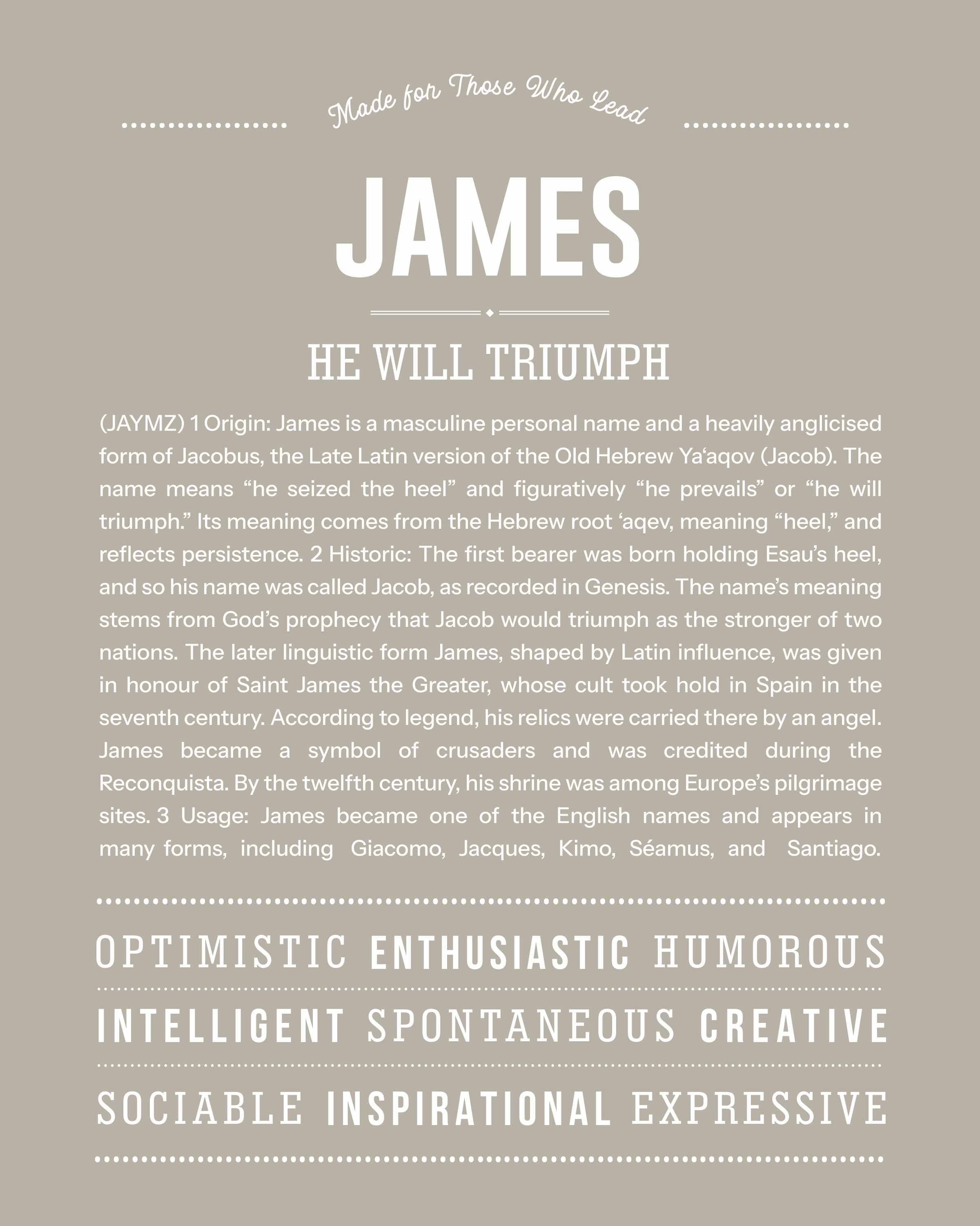 James | Personalised Name Meaning Print – Custom Name Art Gift