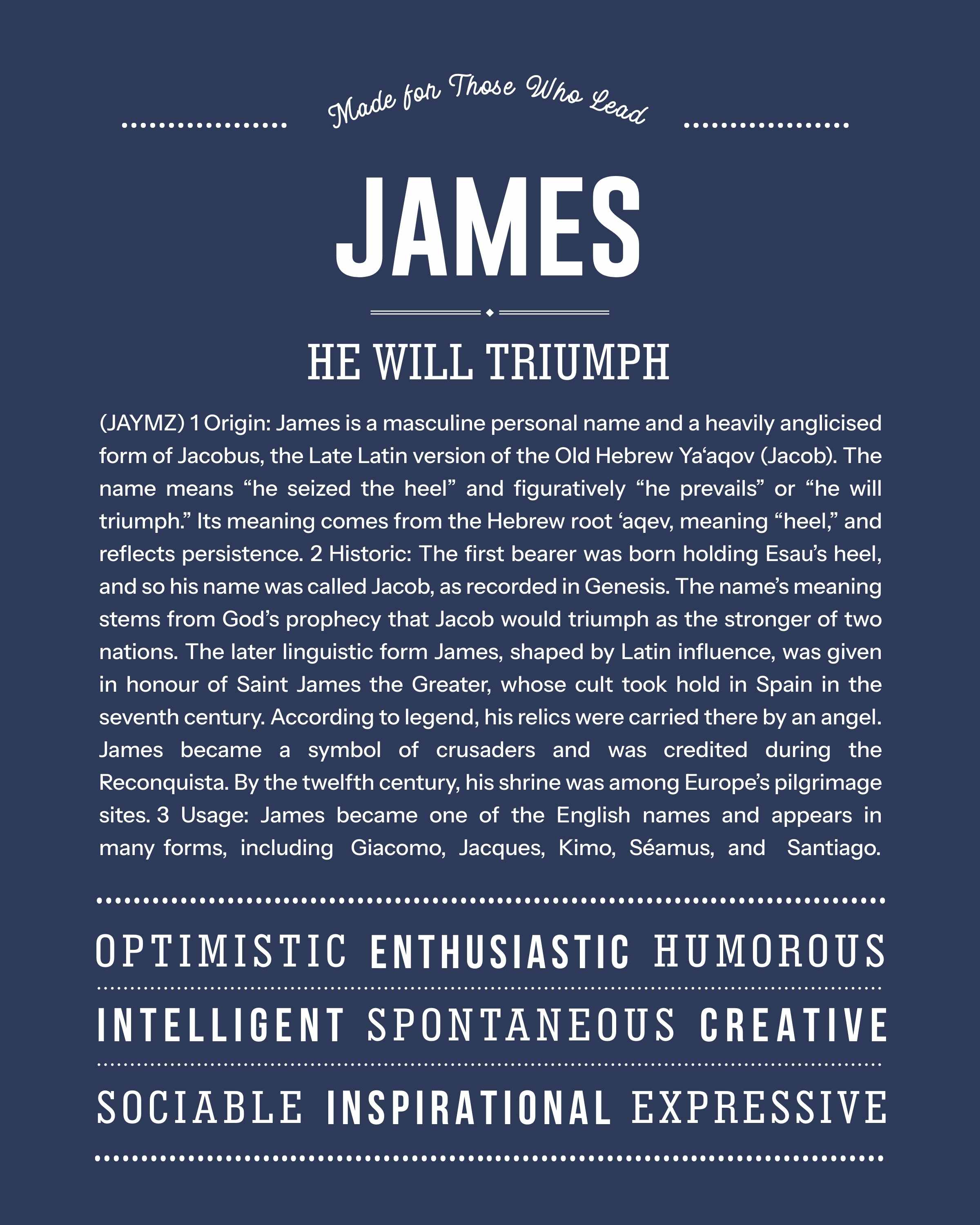 James | Personalised Name Meaning Print – Custom Name Art Gift
