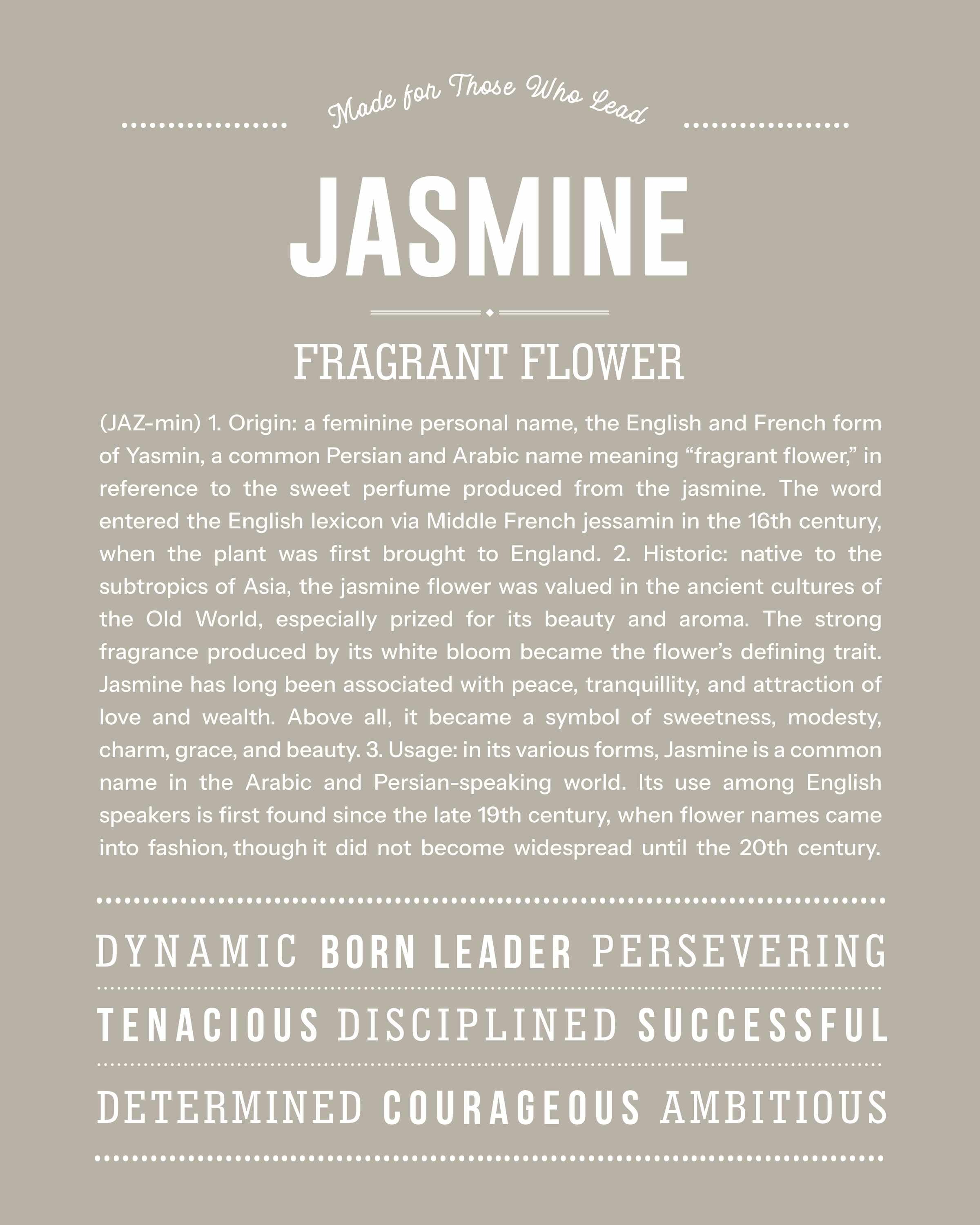 Jasmine | Personalised Name Meaning Print – Custom Name Art Gift