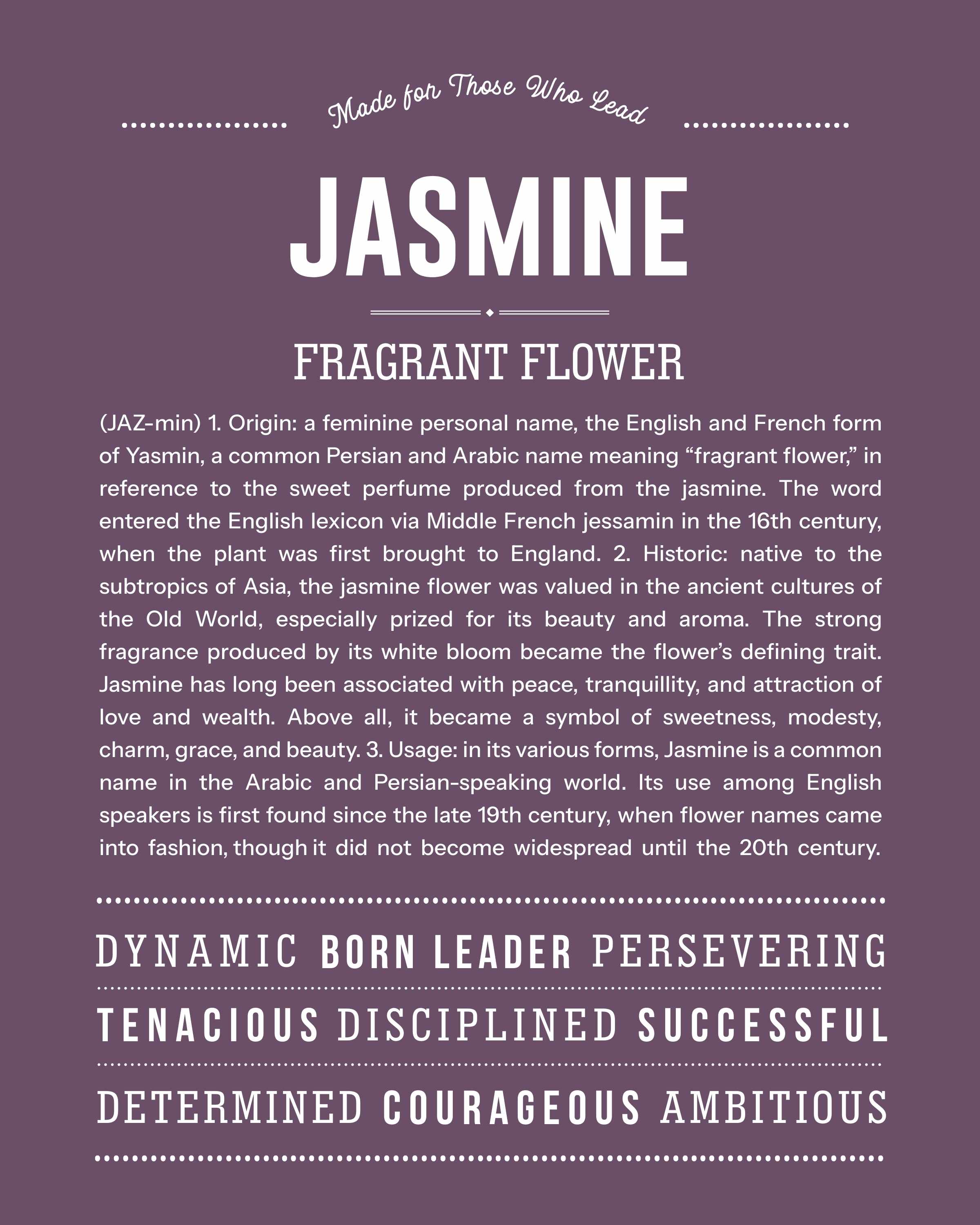 Jasmine | Personalised Name Meaning Print – Custom Name Art Gift