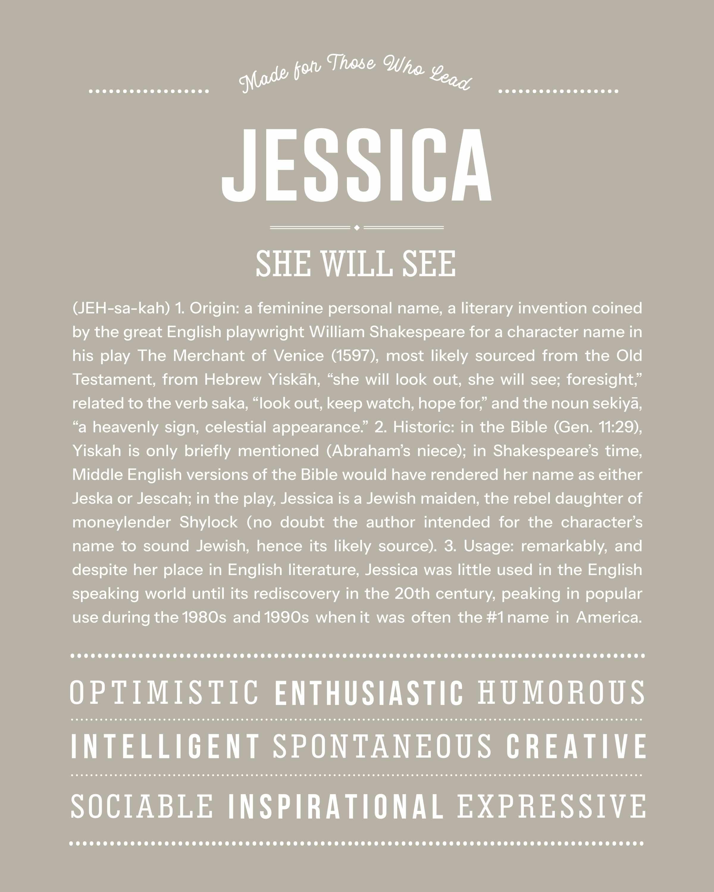 Jessica | Personalised Name Meaning Print – Custom Name Art Gift