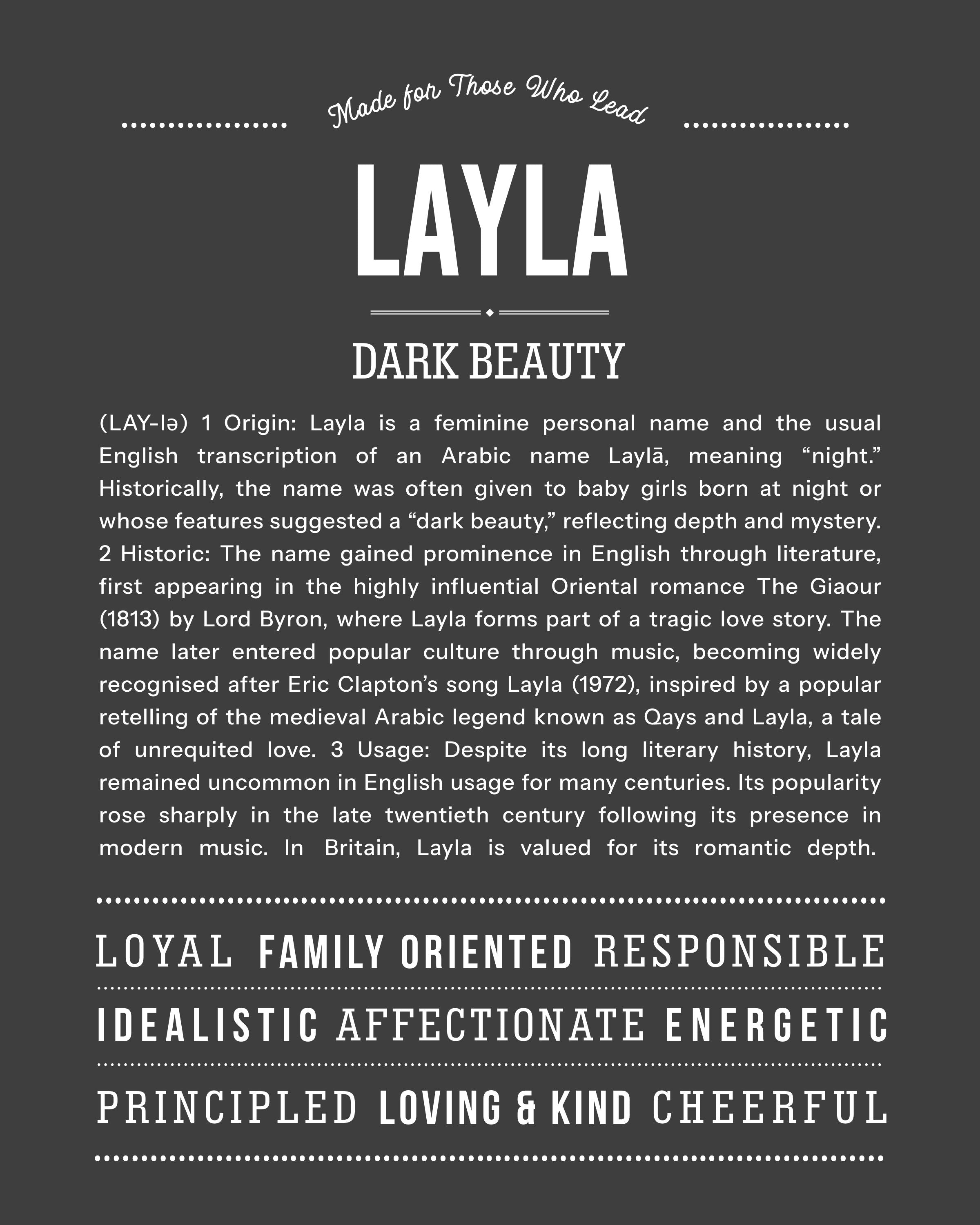 Layla | Personalised Name Meaning Print – Custom Name Art Gift