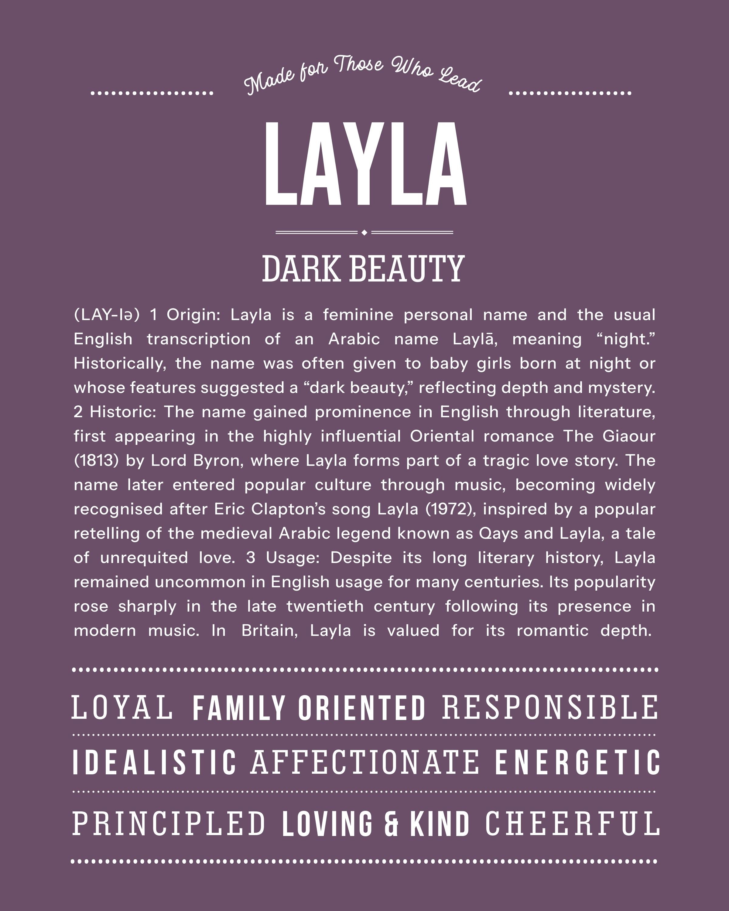 Layla | Personalised Name Meaning Print – Custom Name Art Gift