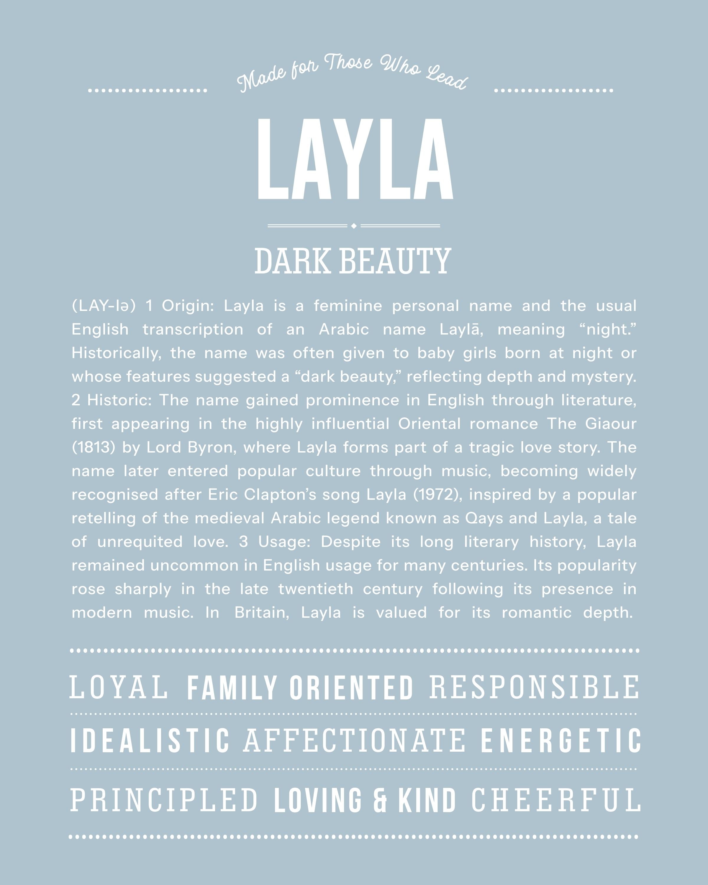 Layla | Personalised Name Meaning Print – Custom Name Art Gift