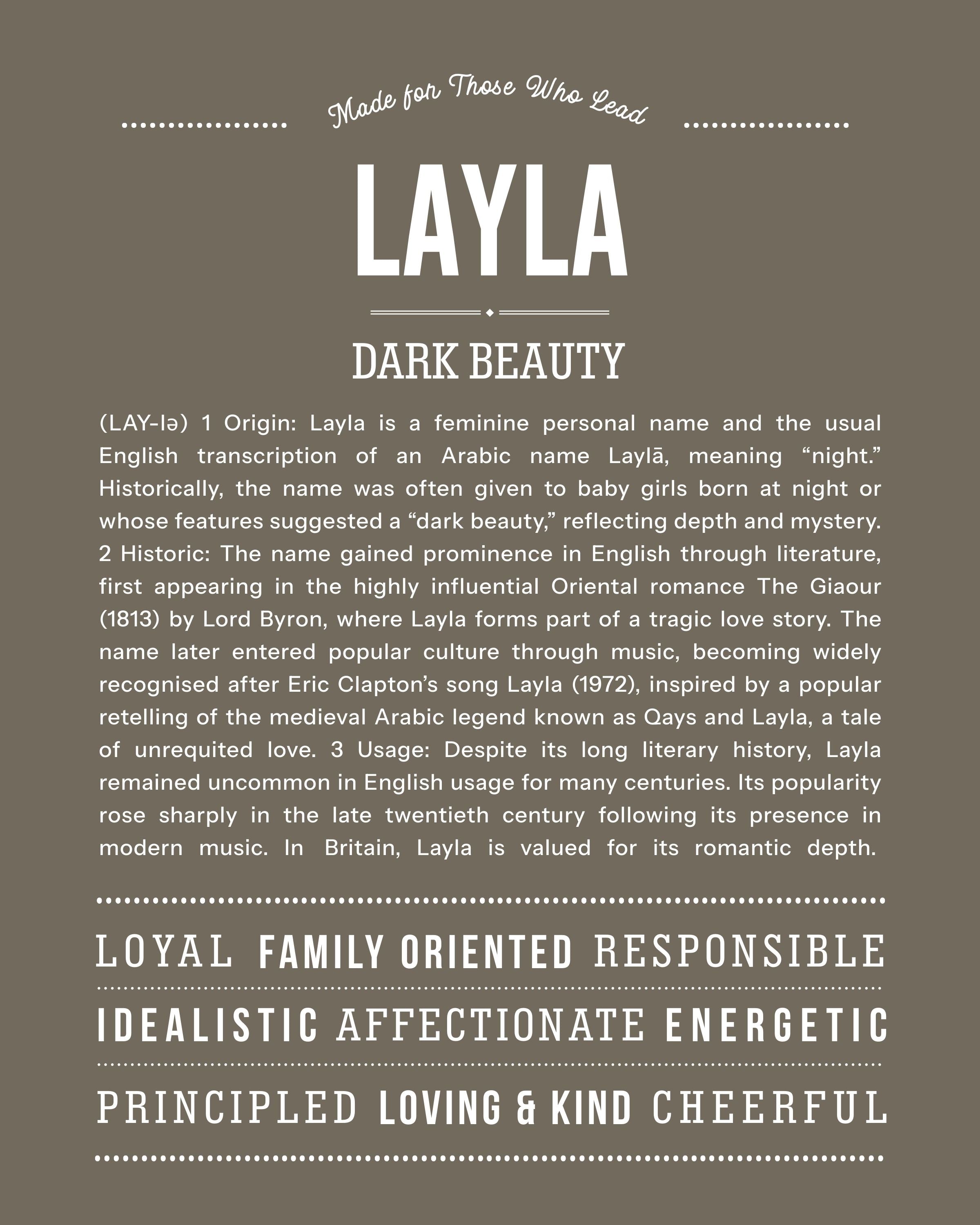 Layla | Personalised Name Meaning Print – Custom Name Art Gift
