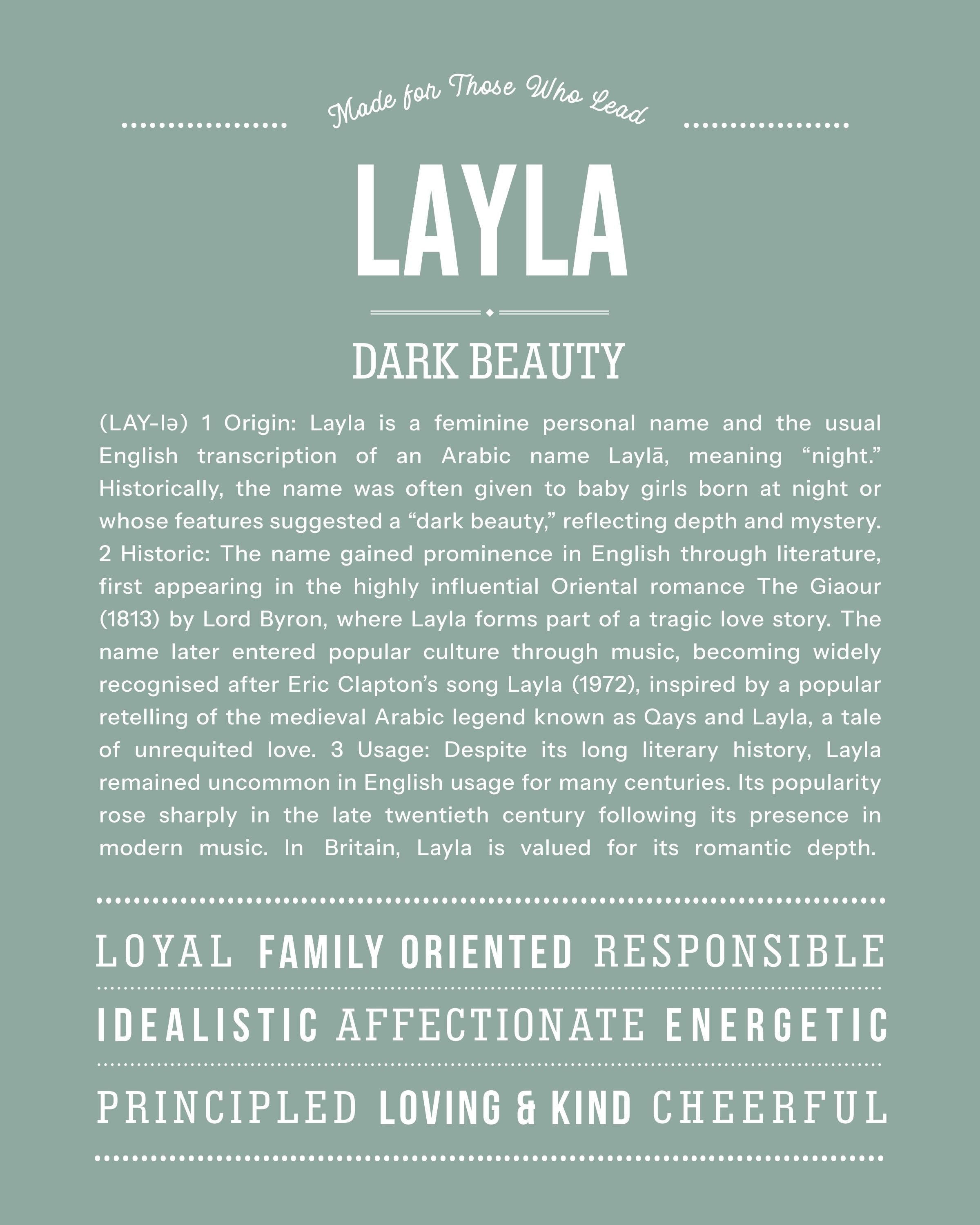Layla | Personalised Name Meaning Print – Custom Name Art Gift