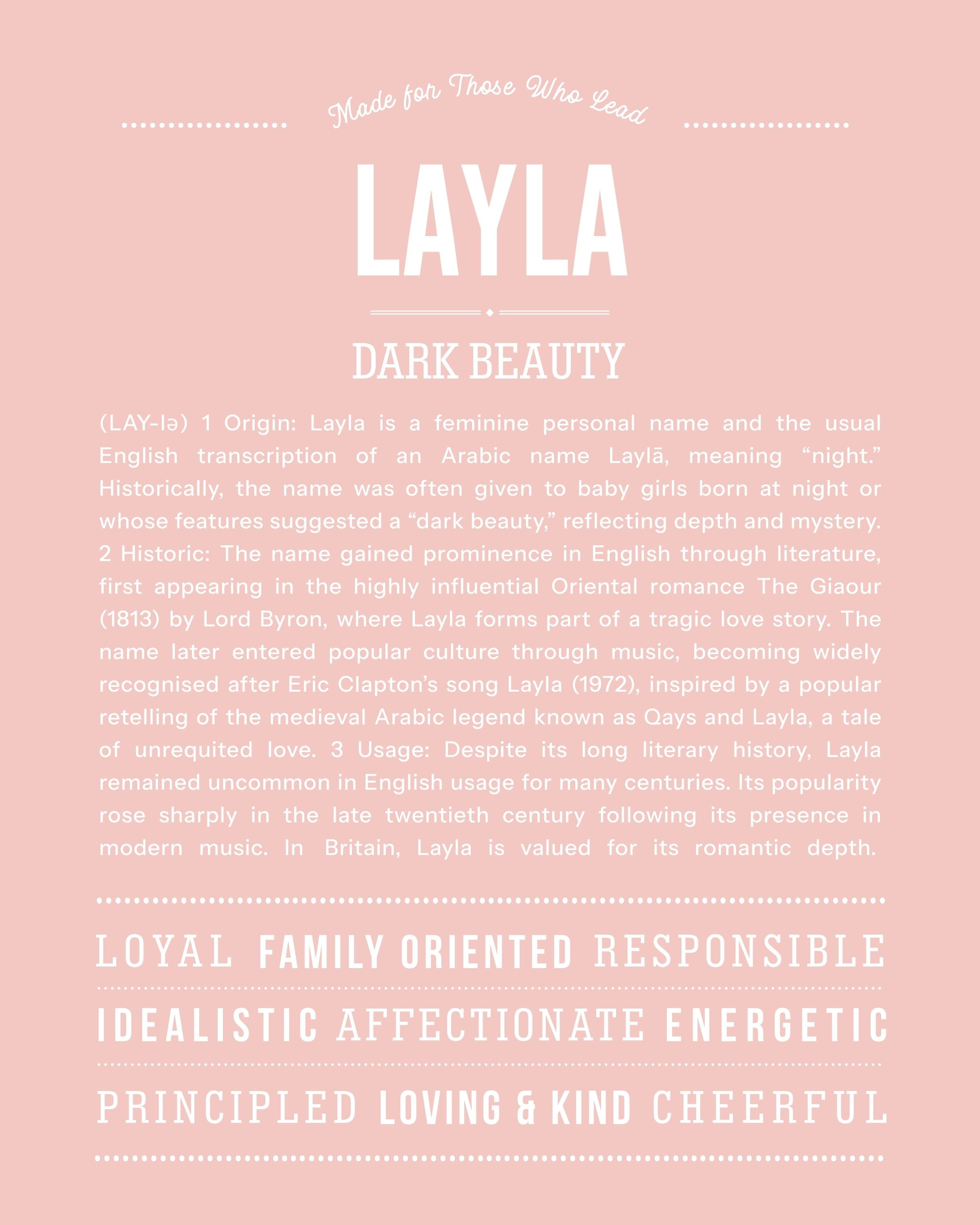 Layla | Personalised Name Meaning Print – Custom Name Art Gift
