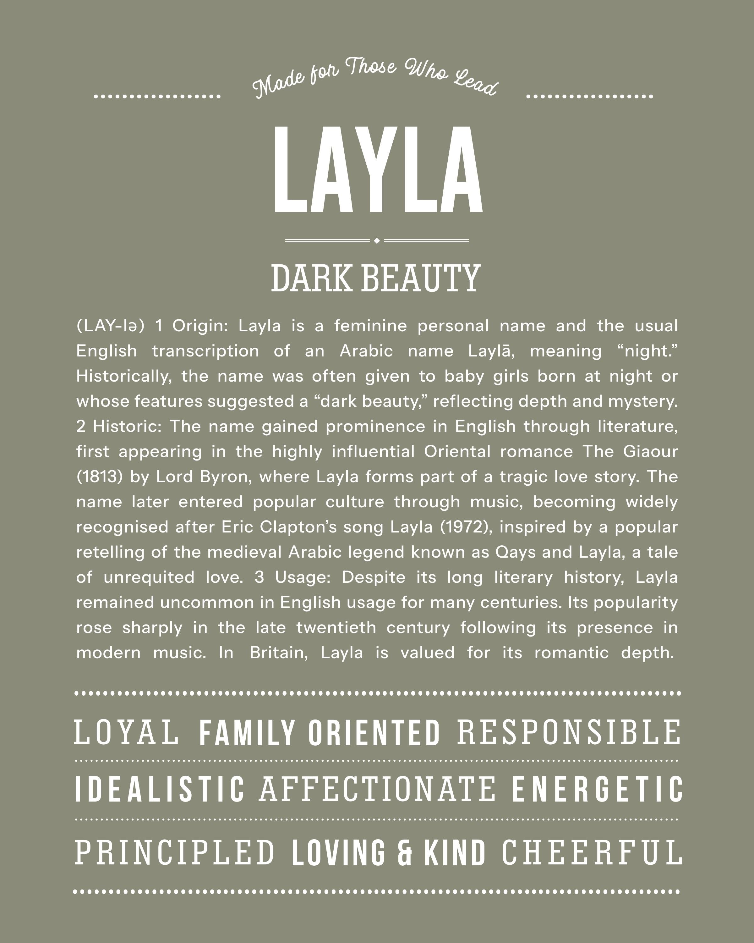 Layla | Personalised Name Meaning Print – Custom Name Art Gift