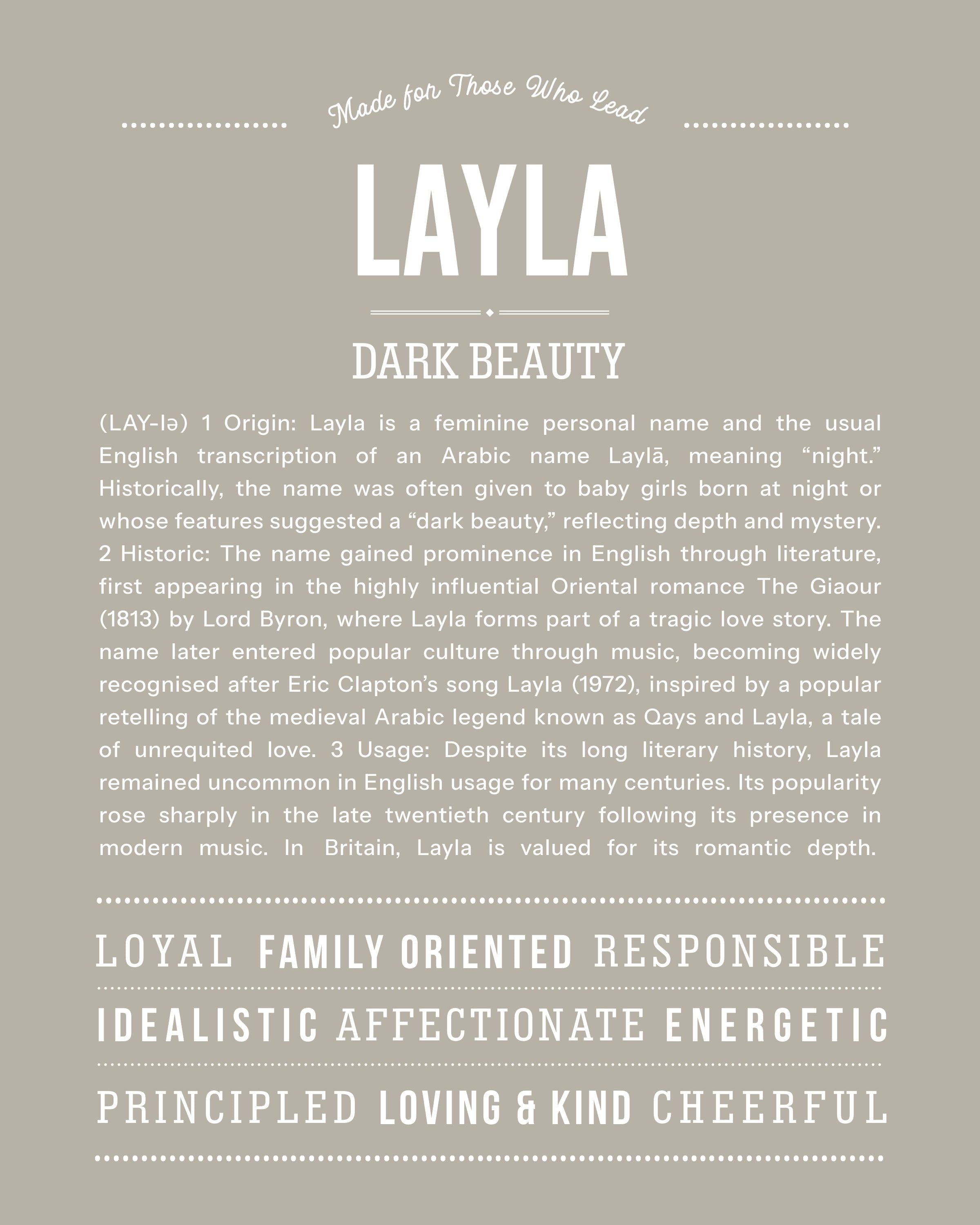 Layla | Personalised Name Meaning Print – Custom Name Art Gift