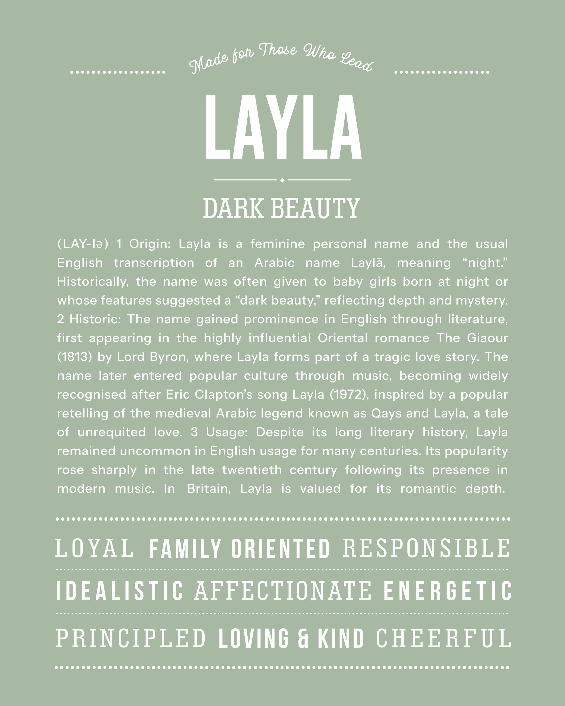 Layla | Personalised Name Meaning Print – Custom Name Art Gift