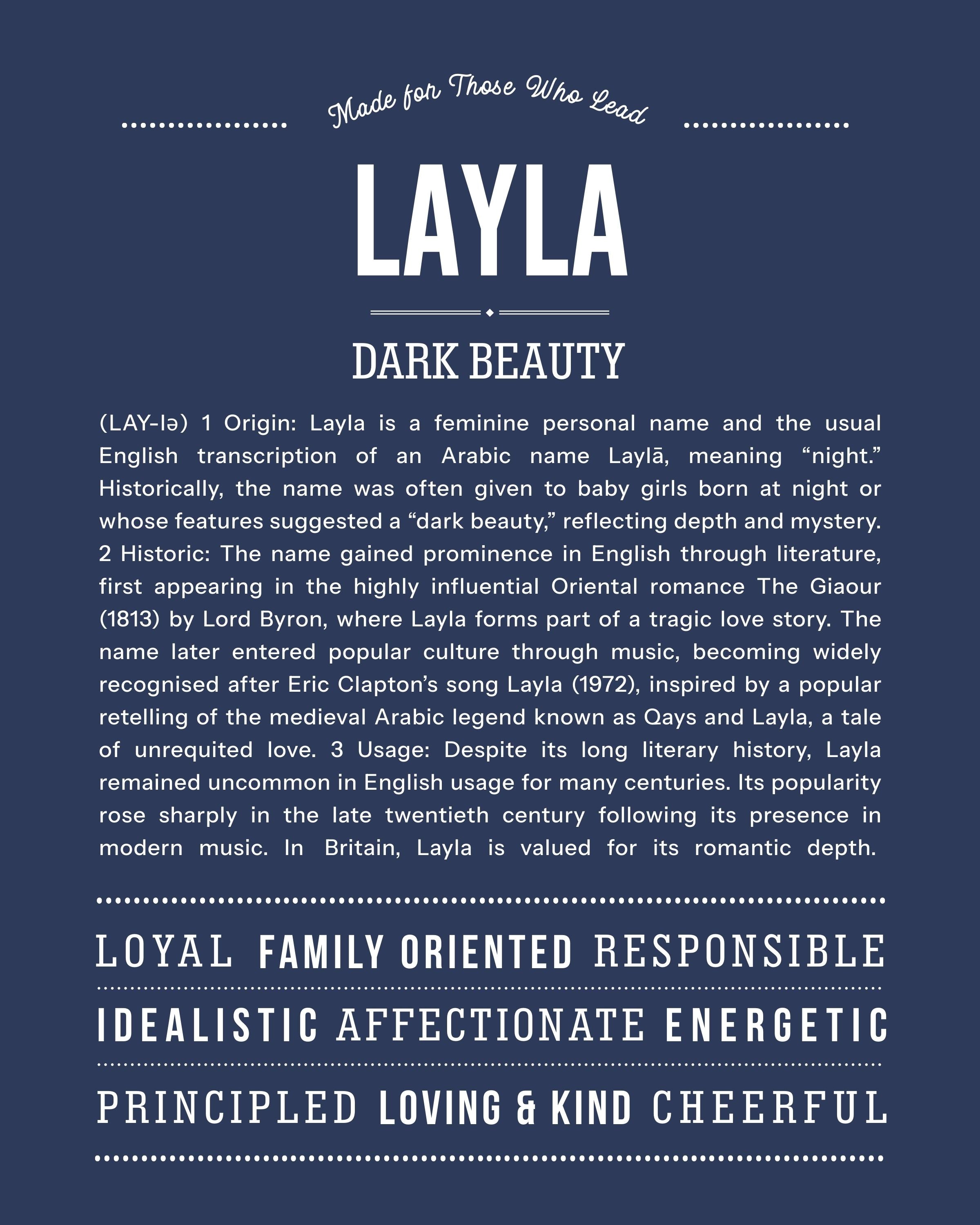 Layla | Personalised Name Meaning Print – Custom Name Art Gift