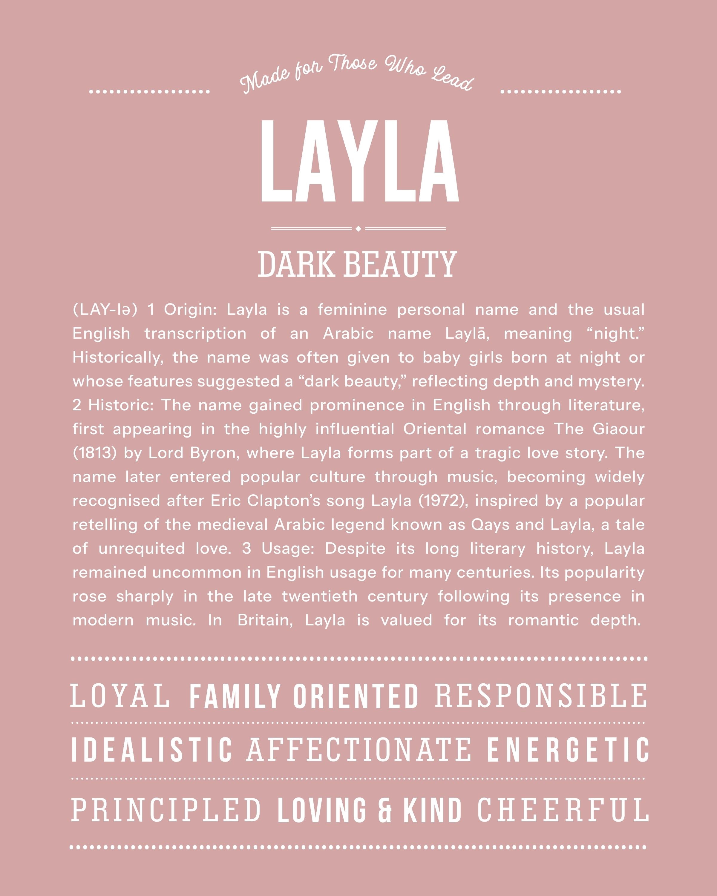 Layla | Personalised Name Meaning Print – Custom Name Art Gift