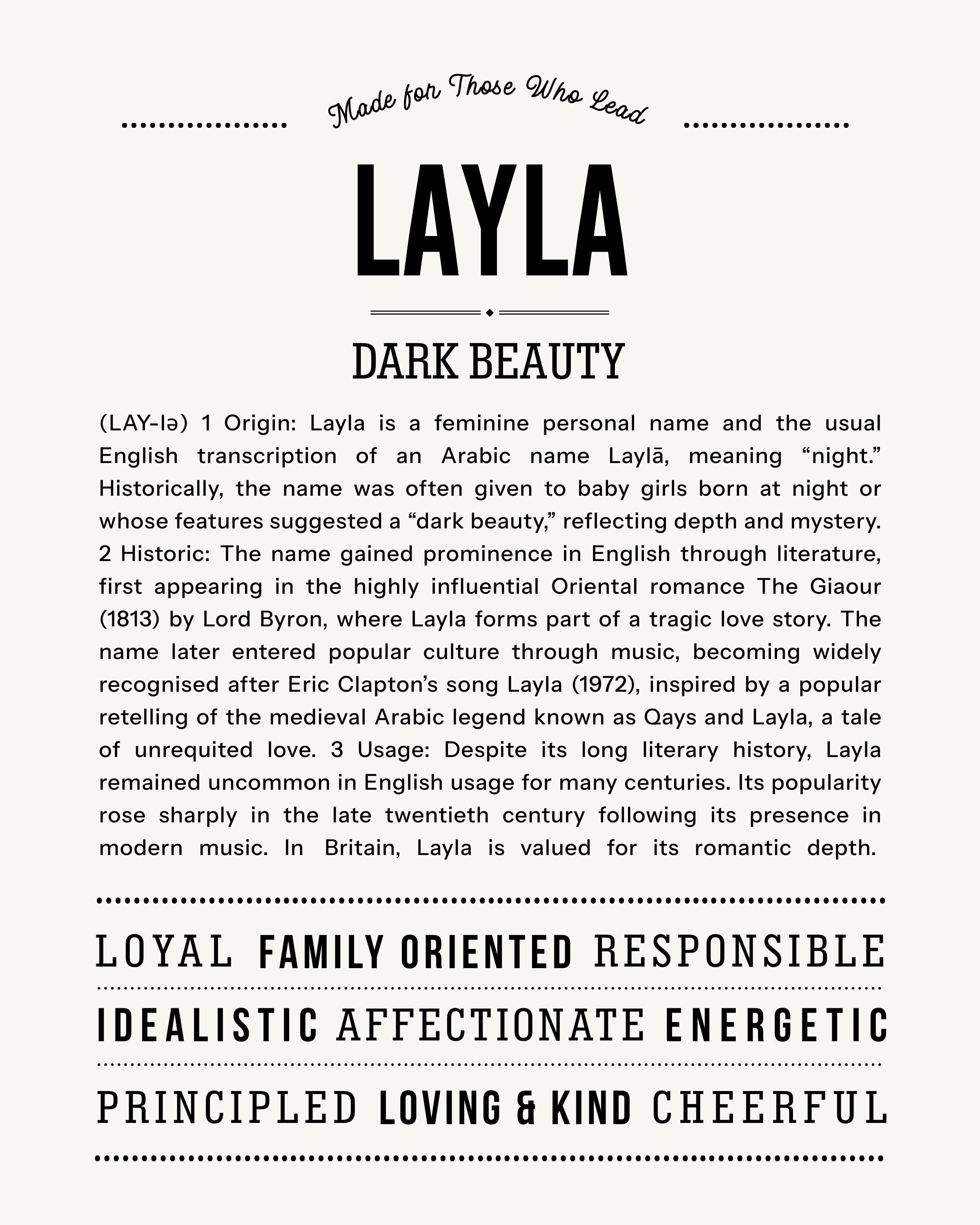 Layla | Personalised Name Meaning Print – Custom Name Art Gift