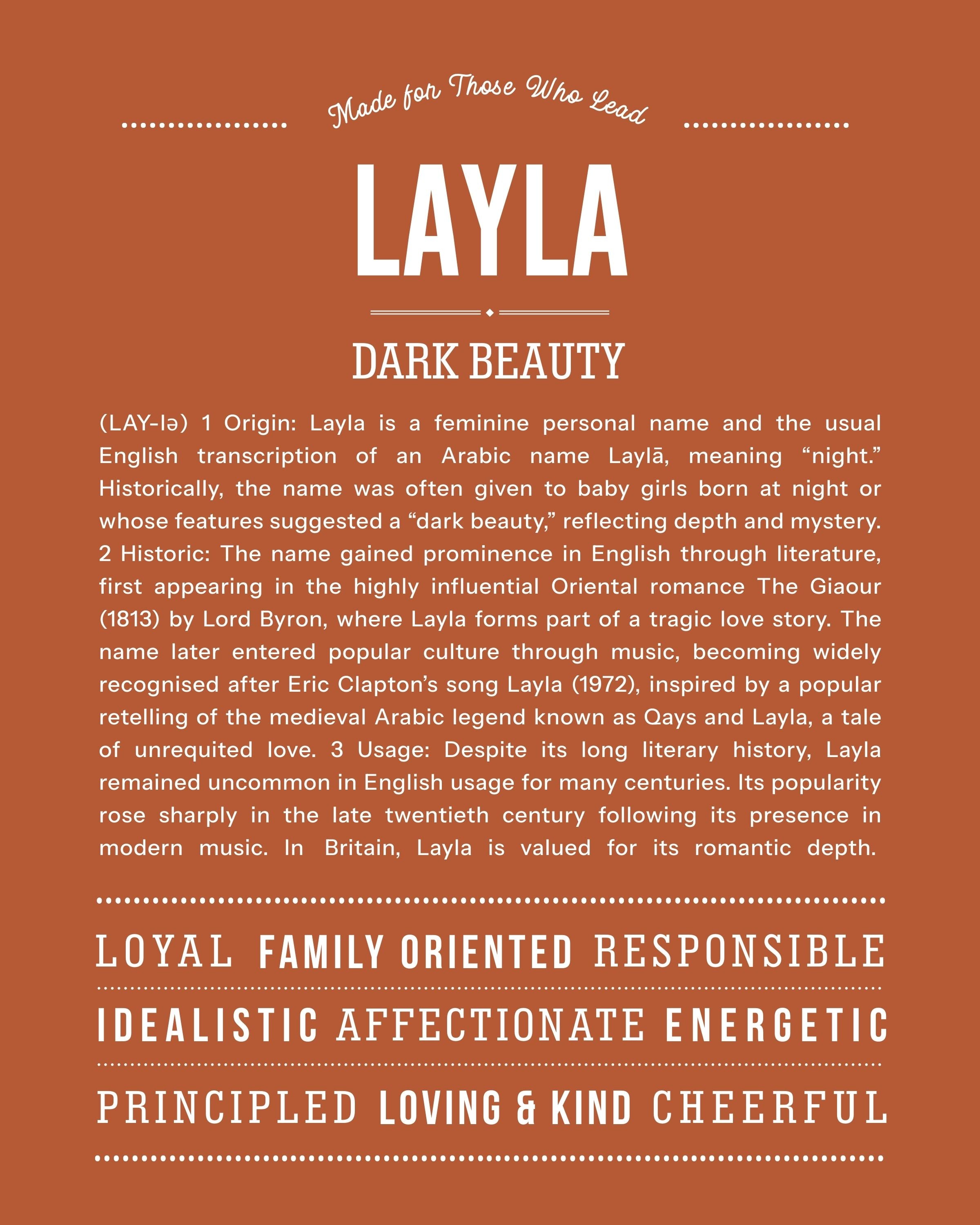 Layla | Personalised Name Meaning Print – Custom Name Art Gift