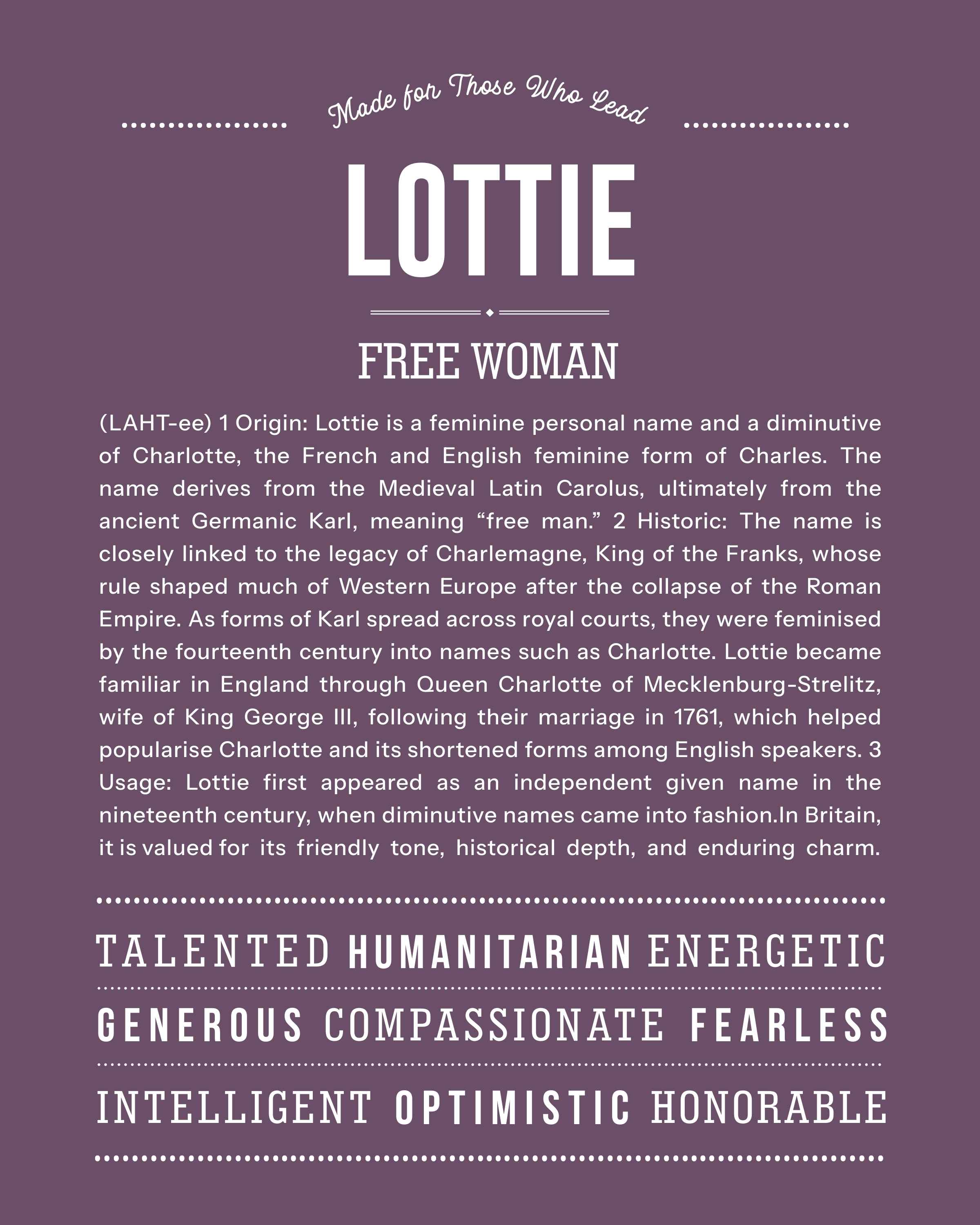 Lottie | Personalised Name Meaning Print – Custom Name Art Gift