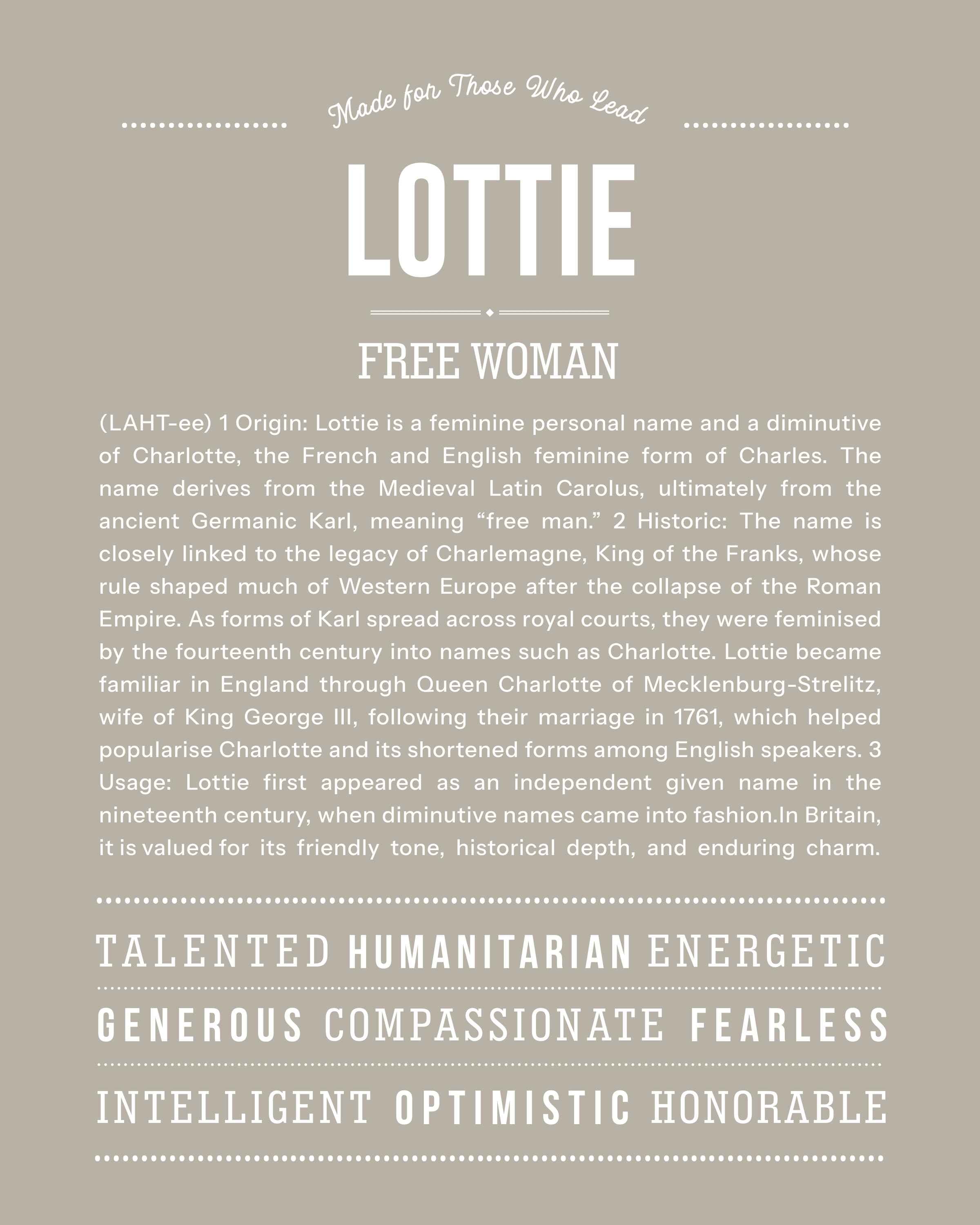 Lottie | Personalised Name Meaning Print – Custom Name Art Gift