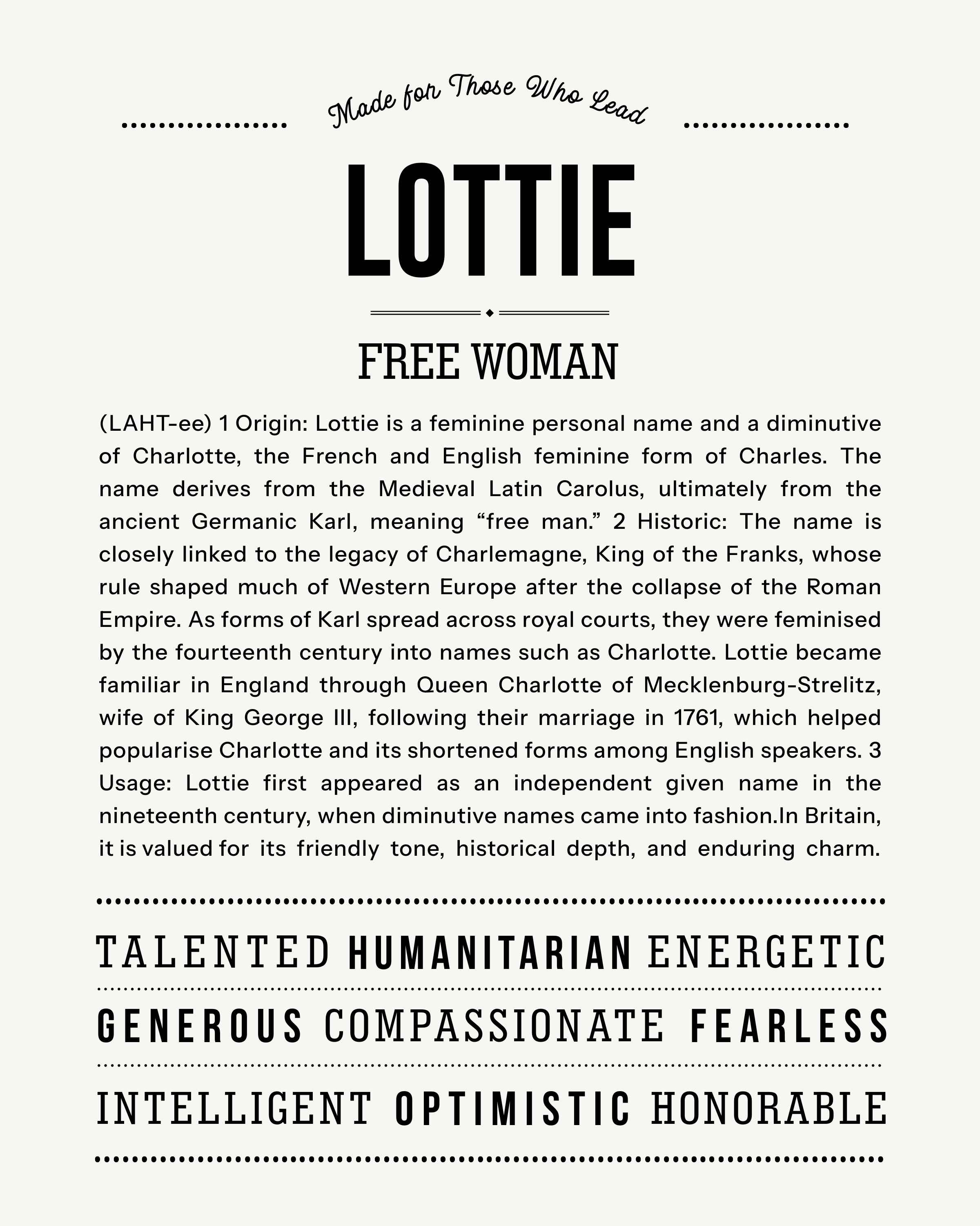 Lottie | Personalised Name Meaning Print – Custom Name Art Gift