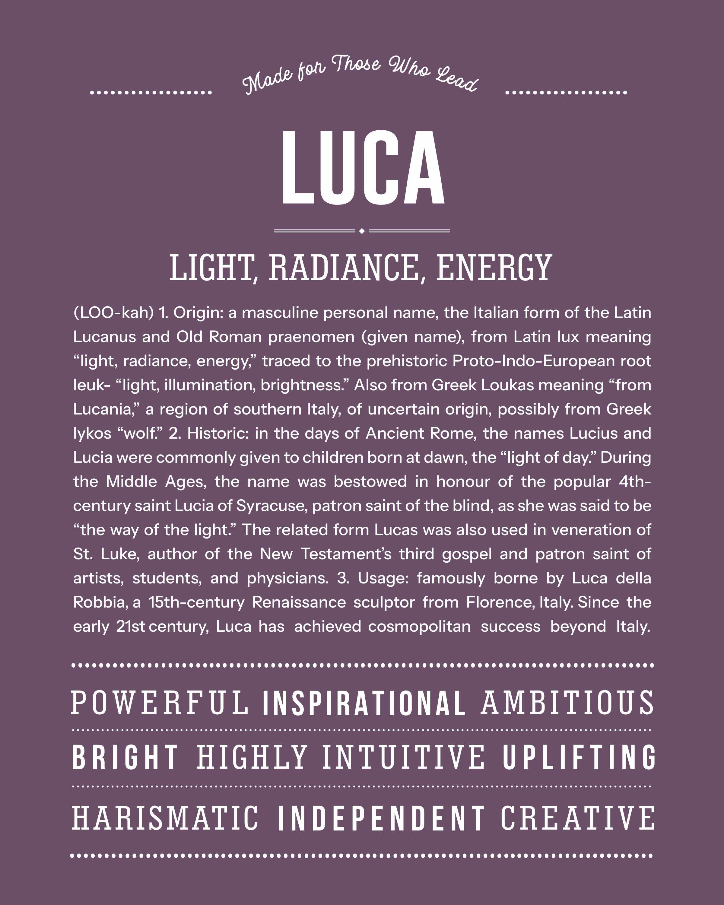 Luca | Personalised Name Meaning Print – Custom Name Art Gift