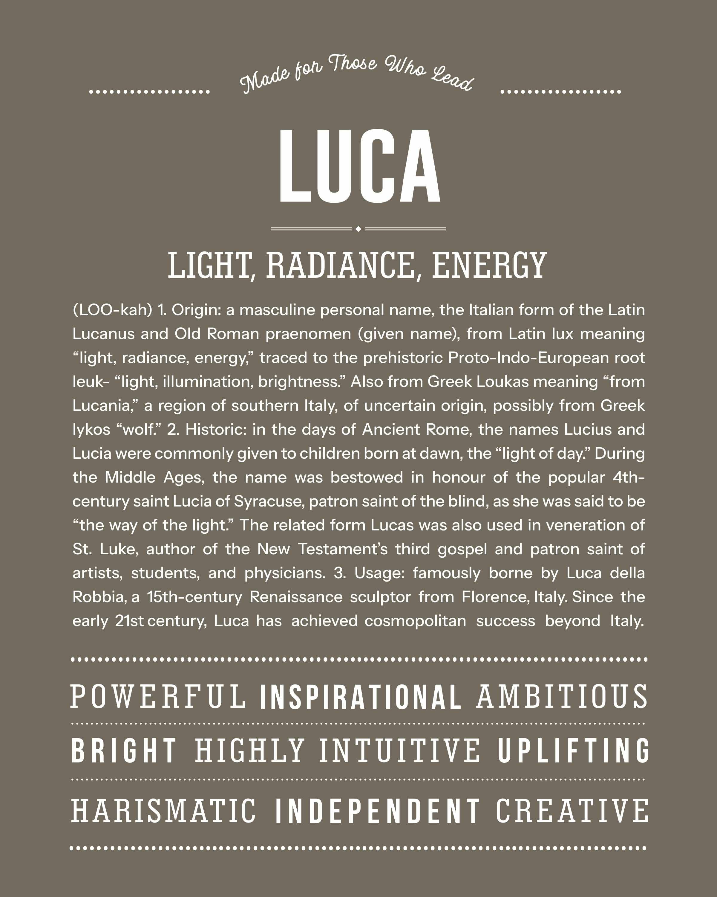 Luca | Personalised Name Meaning Print – Custom Name Art Gift