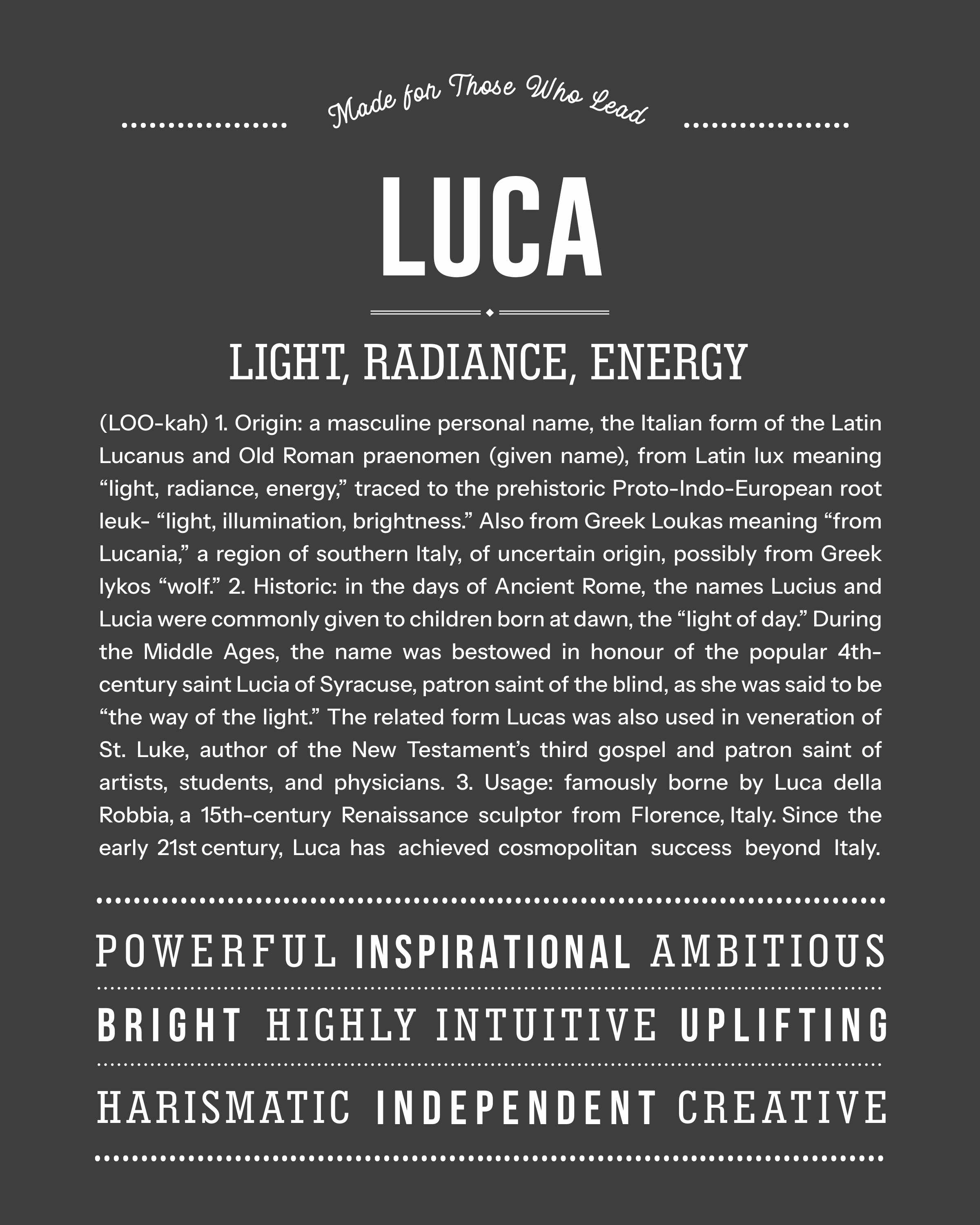 Luca | Personalised Name Meaning Print – Custom Name Art Gift