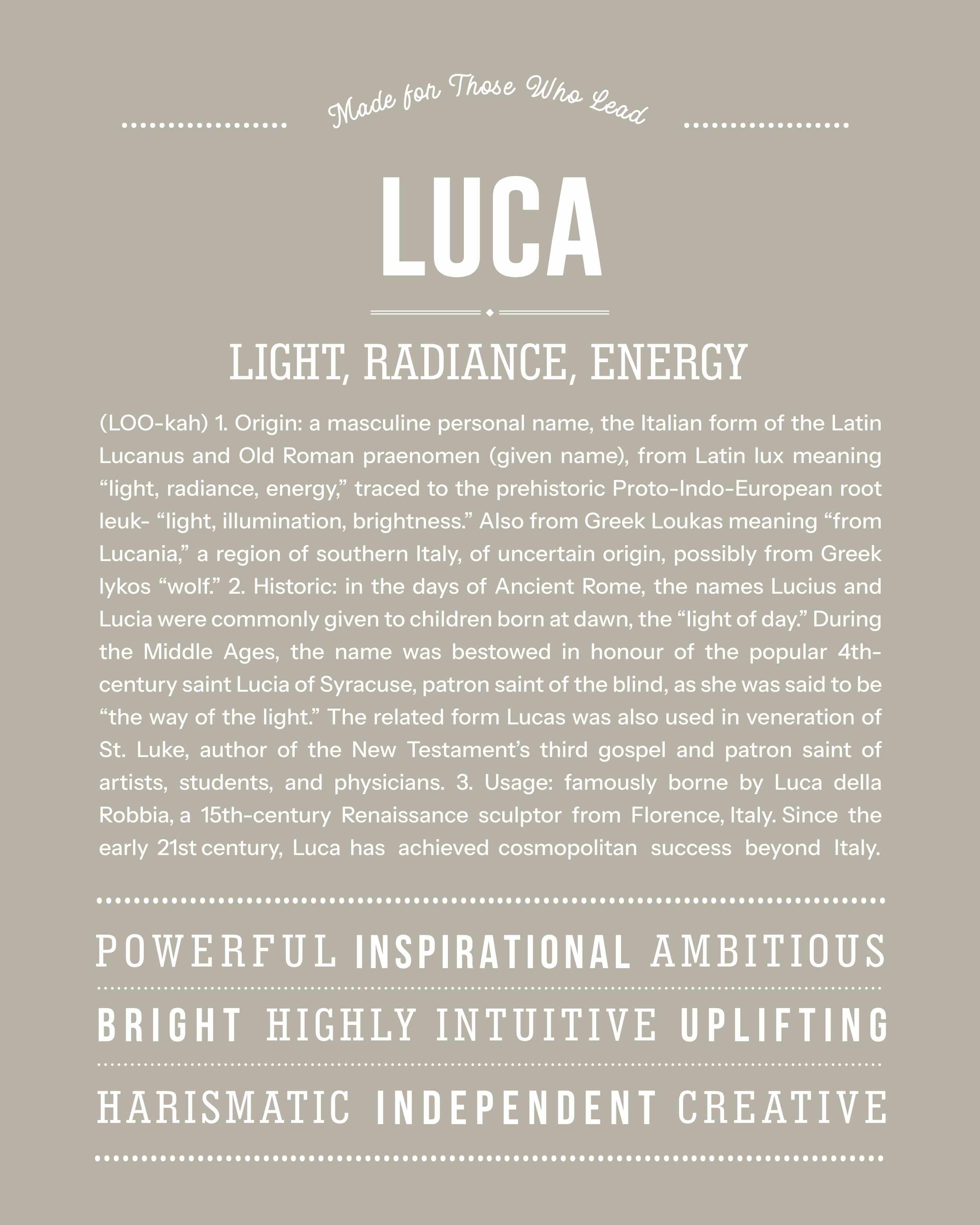 Luca | Personalised Name Meaning Print – Custom Name Art Gift