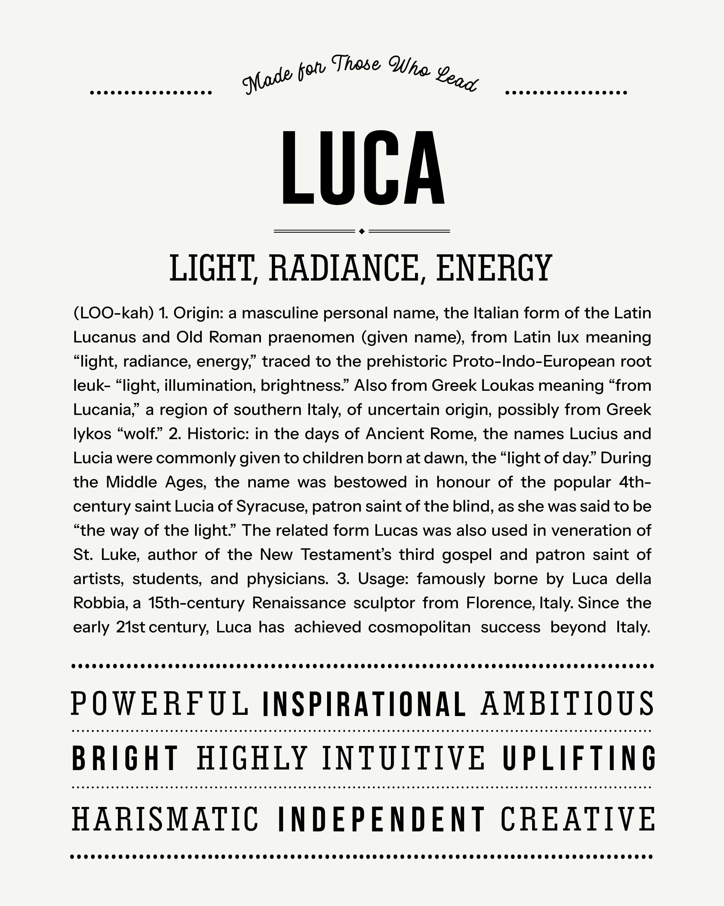 Luca | Personalised Name Meaning Print – Custom Name Art Gift