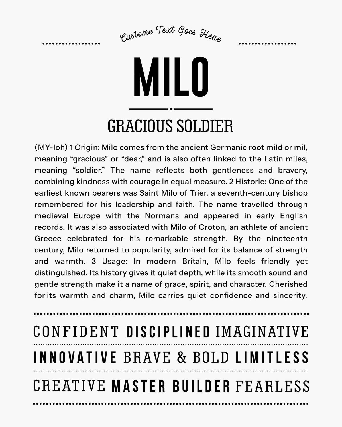 Milo Personalized Name Meaning Classic Art Print – Name Stories UK