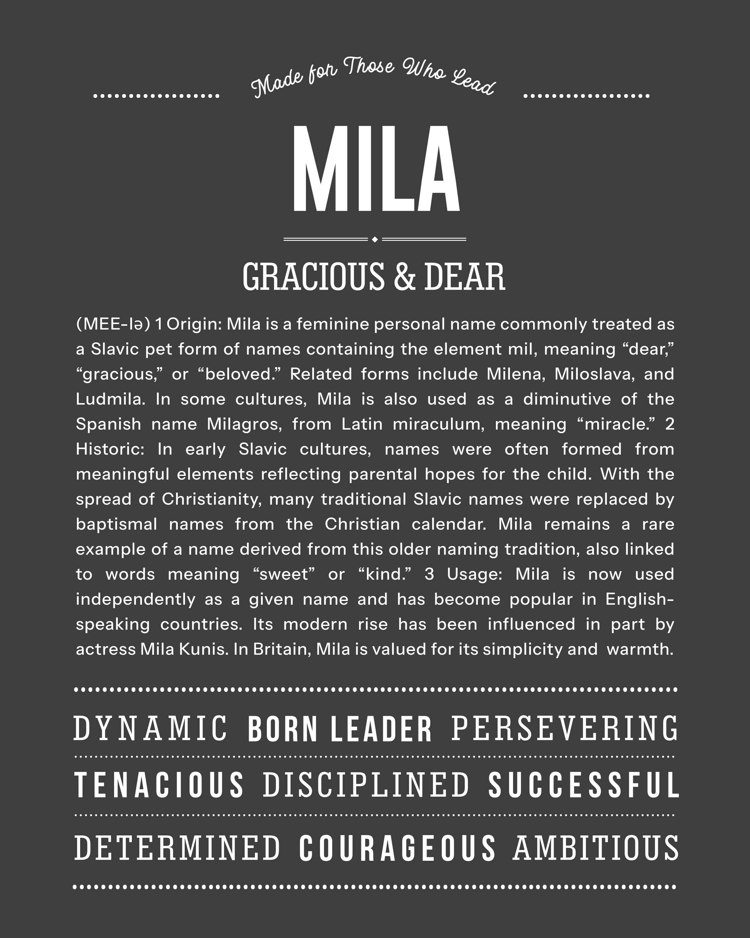 Mila | Personalised Name Meaning Print – Custom Name Art Gift