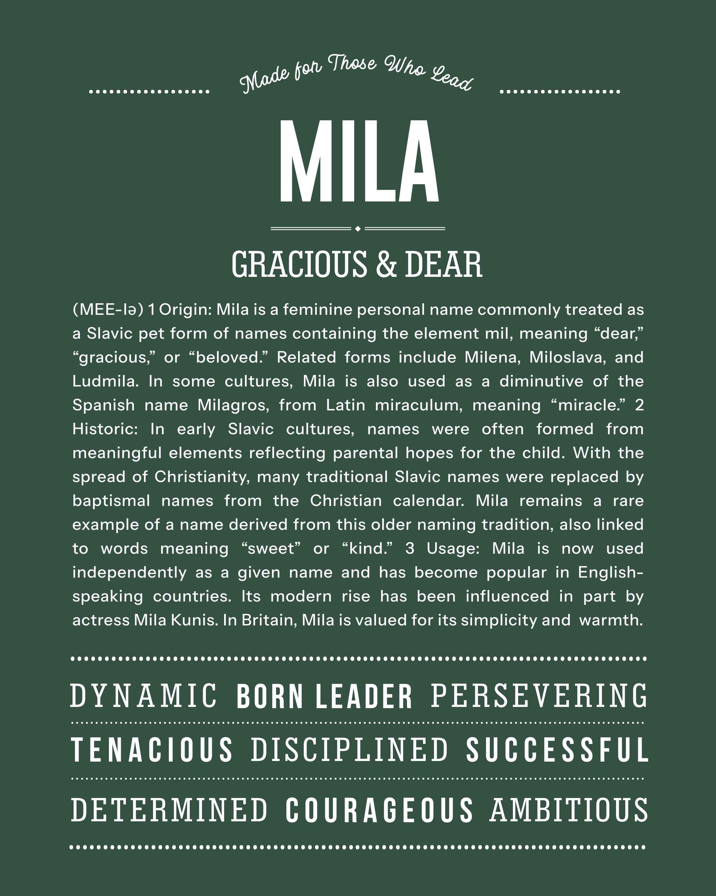 Mila | Personalised Name Meaning Print – Custom Name Art Gift
